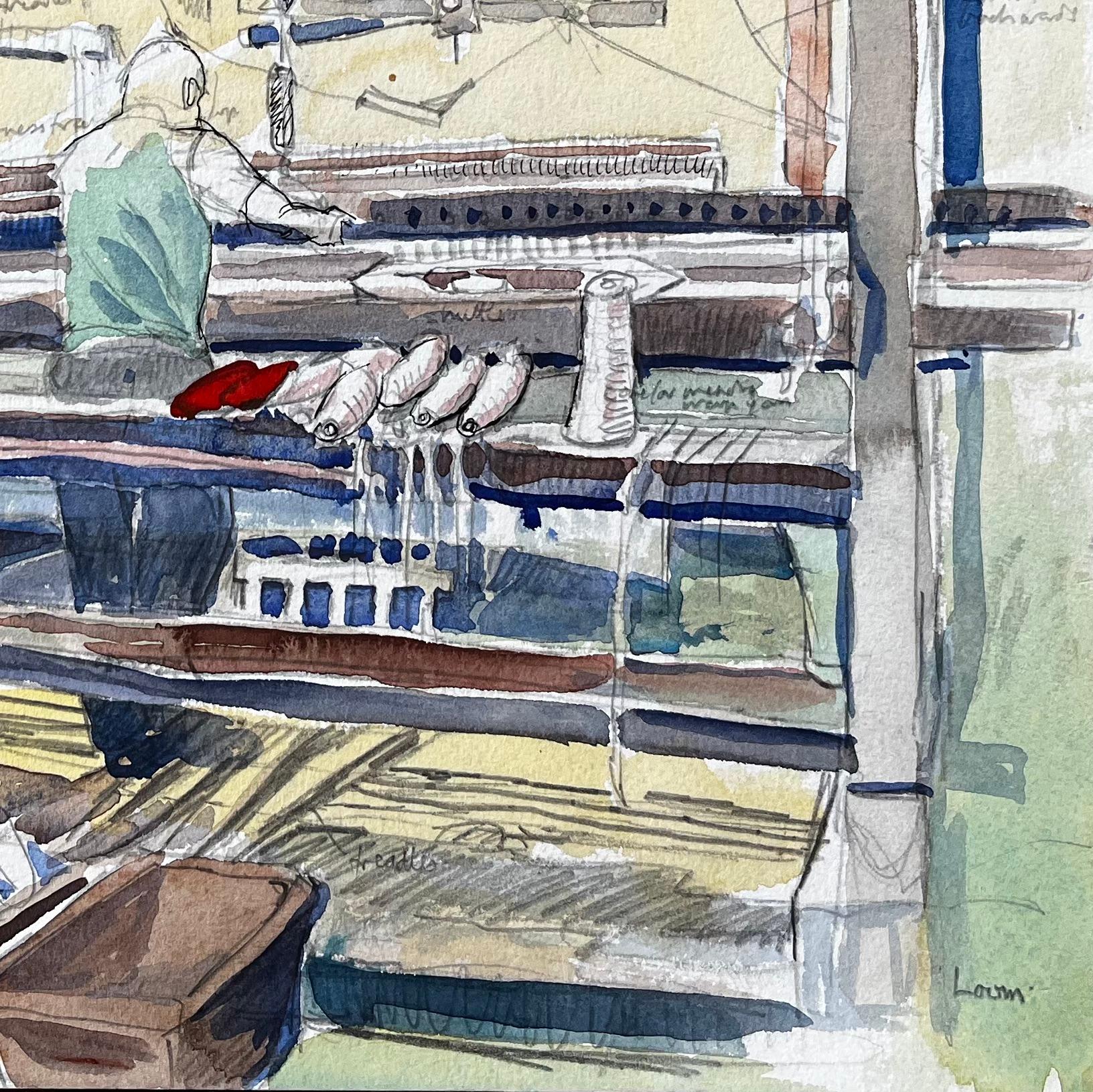 Webstuhl Innenraum Aquarell von A. Cogswell Manor Farm Textilwerkstatt 1988 (Beige), Landscape Art, von John Steane (b.1931)