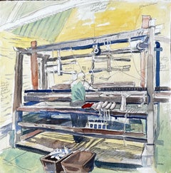 Webstuhl Innenraum Aquarell von A. Cogswell Manor Farm Textilwerkstatt 1988