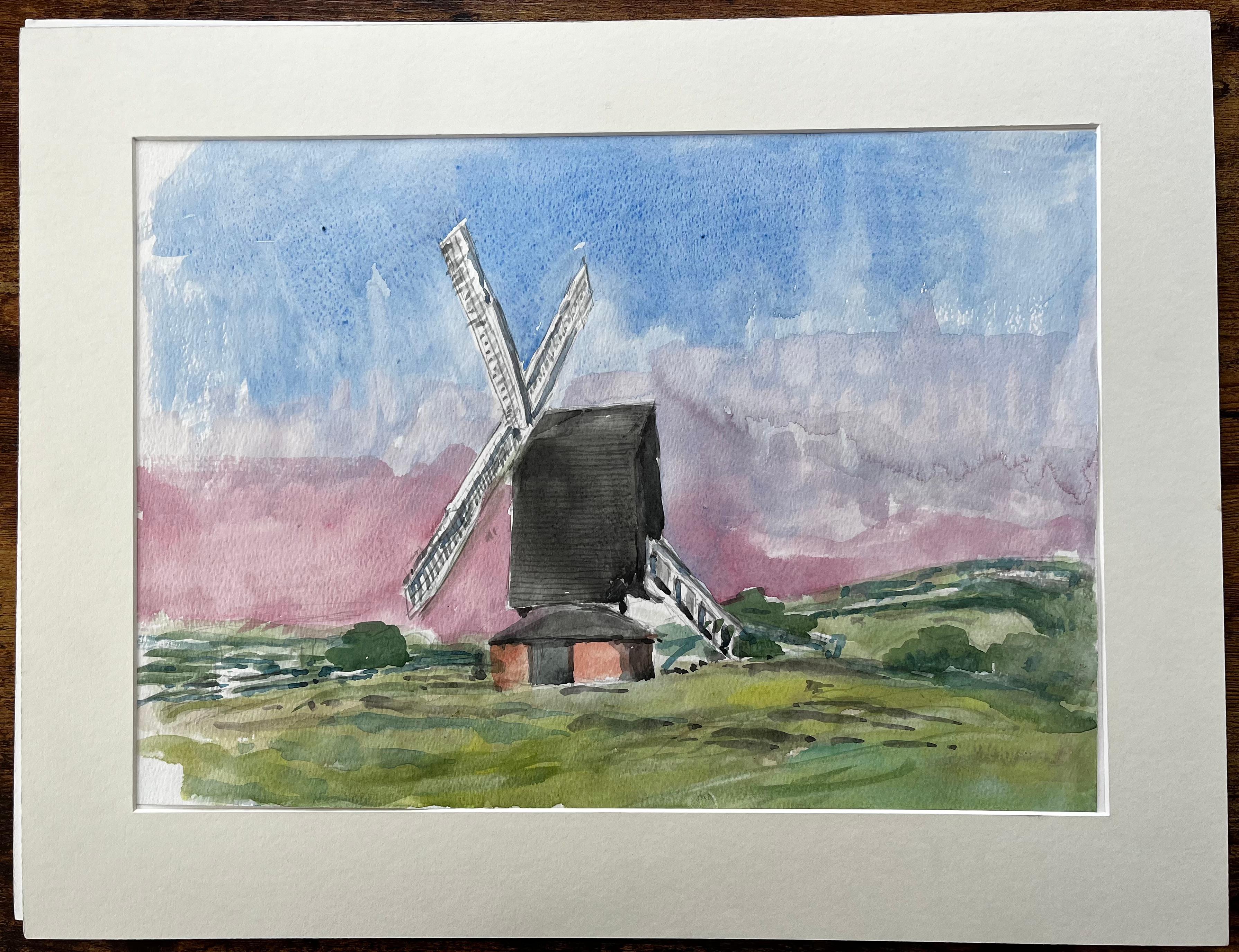 Windmühle bei Brill Oxfordshire Aquarell Landschaft mit dramatischem Himmel – Art von John Steane (b.1931)