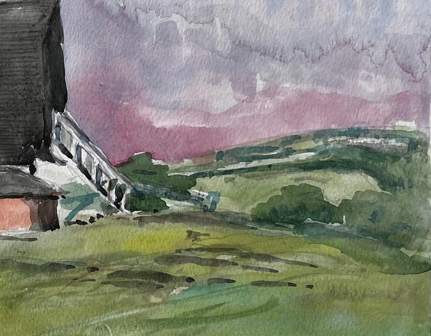 Titel: Windmühle bei Brill Oxfordshire Aquarell Landschaft mit dramatischem Himmel
von John Steane (geb.1931)
Größe: 15,25 Zoll (Höhe) x 20,25 Zoll (Breite), einschließlich Montage
Aquarell auf Papier, montiert, aber ungerahmt
Zustand: Gut, einige