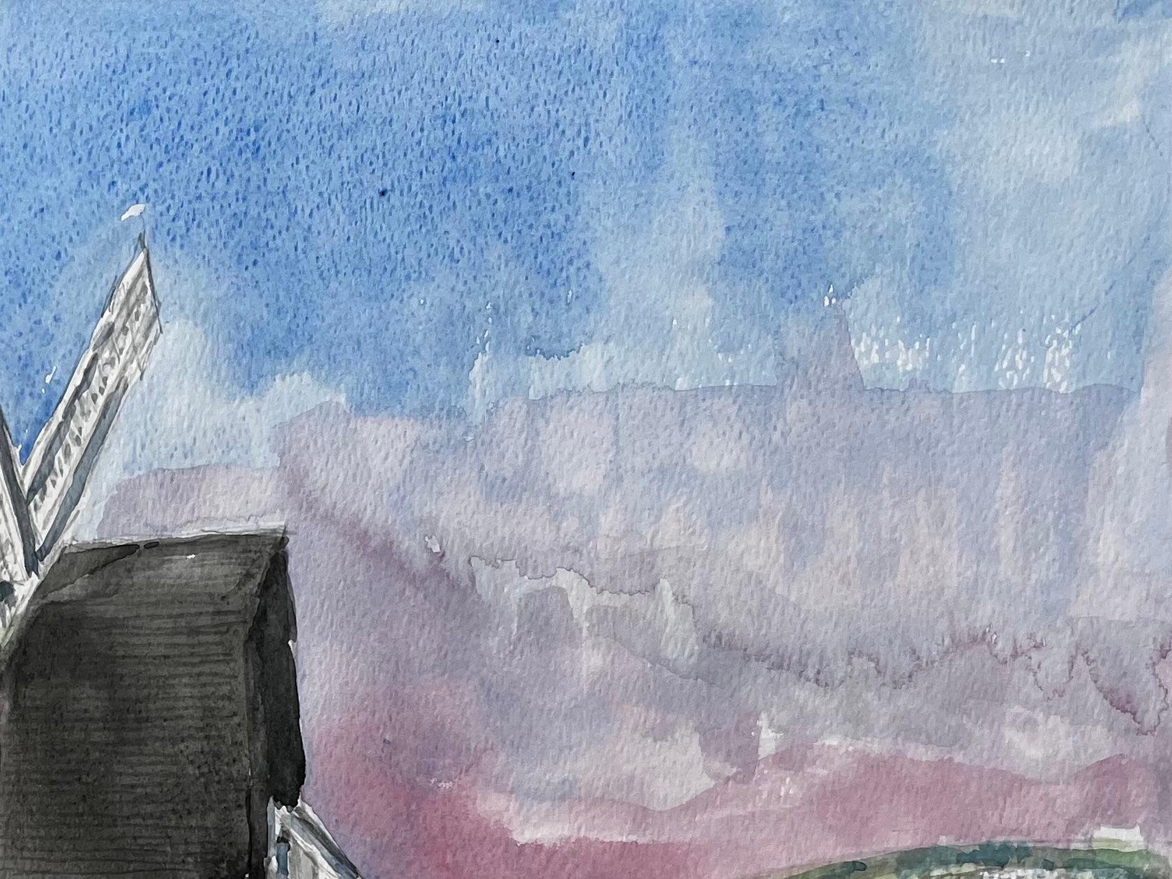 Windmühle bei Brill Oxfordshire Aquarell Landschaft mit dramatischem Himmel im Angebot 1