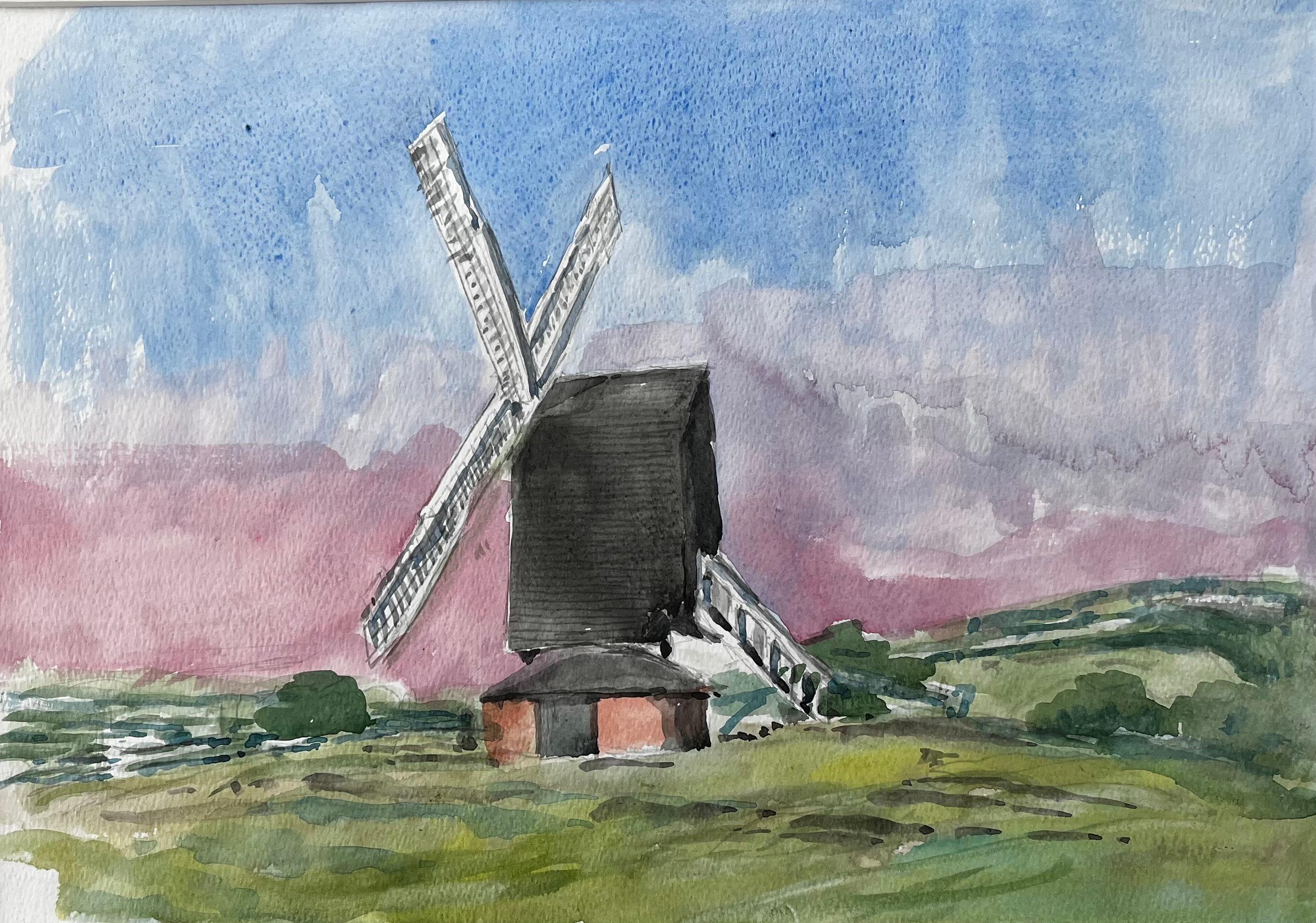 John Steane (b.1931) Landscape Art – Windmühle bei Brill Oxfordshire Aquarell Landschaft mit dramatischem Himmel