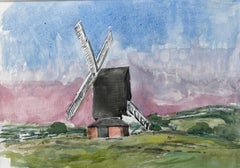 Windmühle bei Brill Oxfordshire Aquarell Landschaft mit dramatischem Himmel