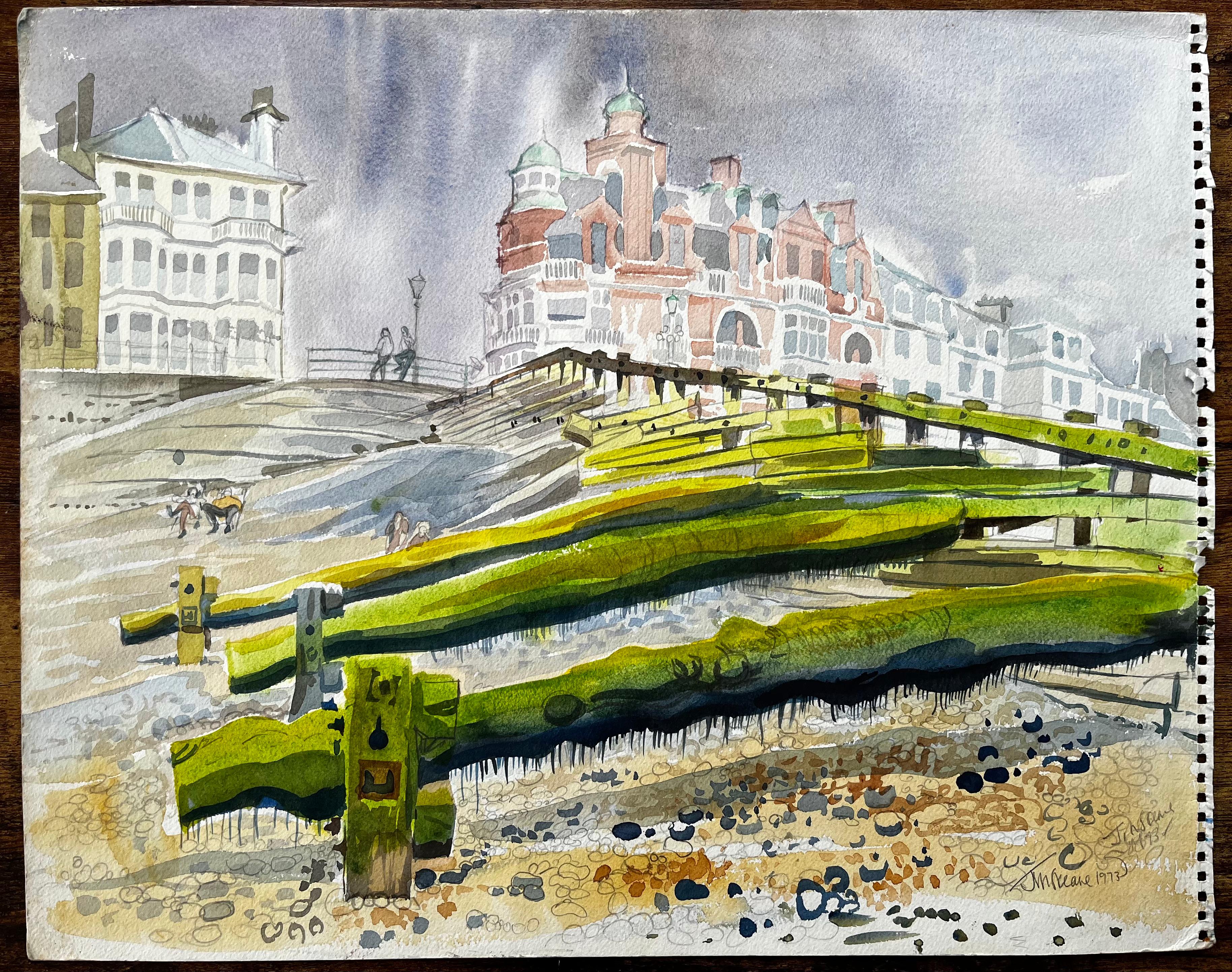 Worthing Seafront View with Pier Groynes and Promenade Architecture 1973 - Painting by John Steane (b.1931)