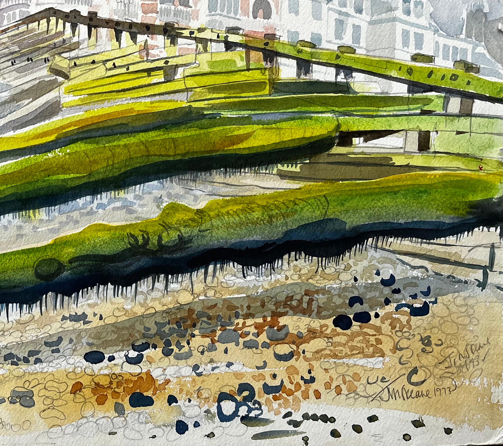 Worthing Seafront View with Pier Groynes and Promenade Architecture 1973 - Impressionist Painting by John Steane (b.1931)