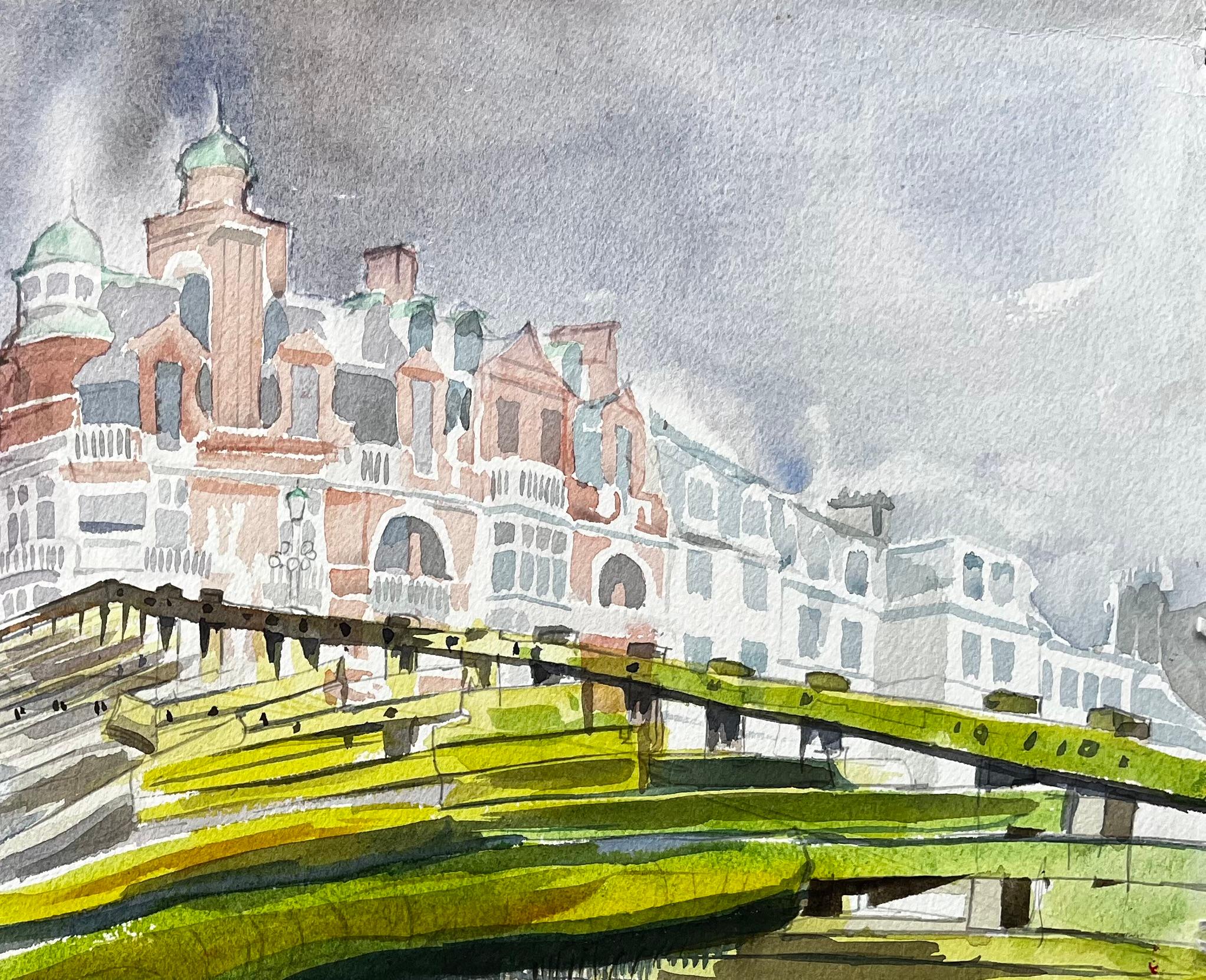 Worthing Seafront View with Pier Groynes and Promenade Architecture 1973 - Beige Landscape Painting by John Steane (b.1931)