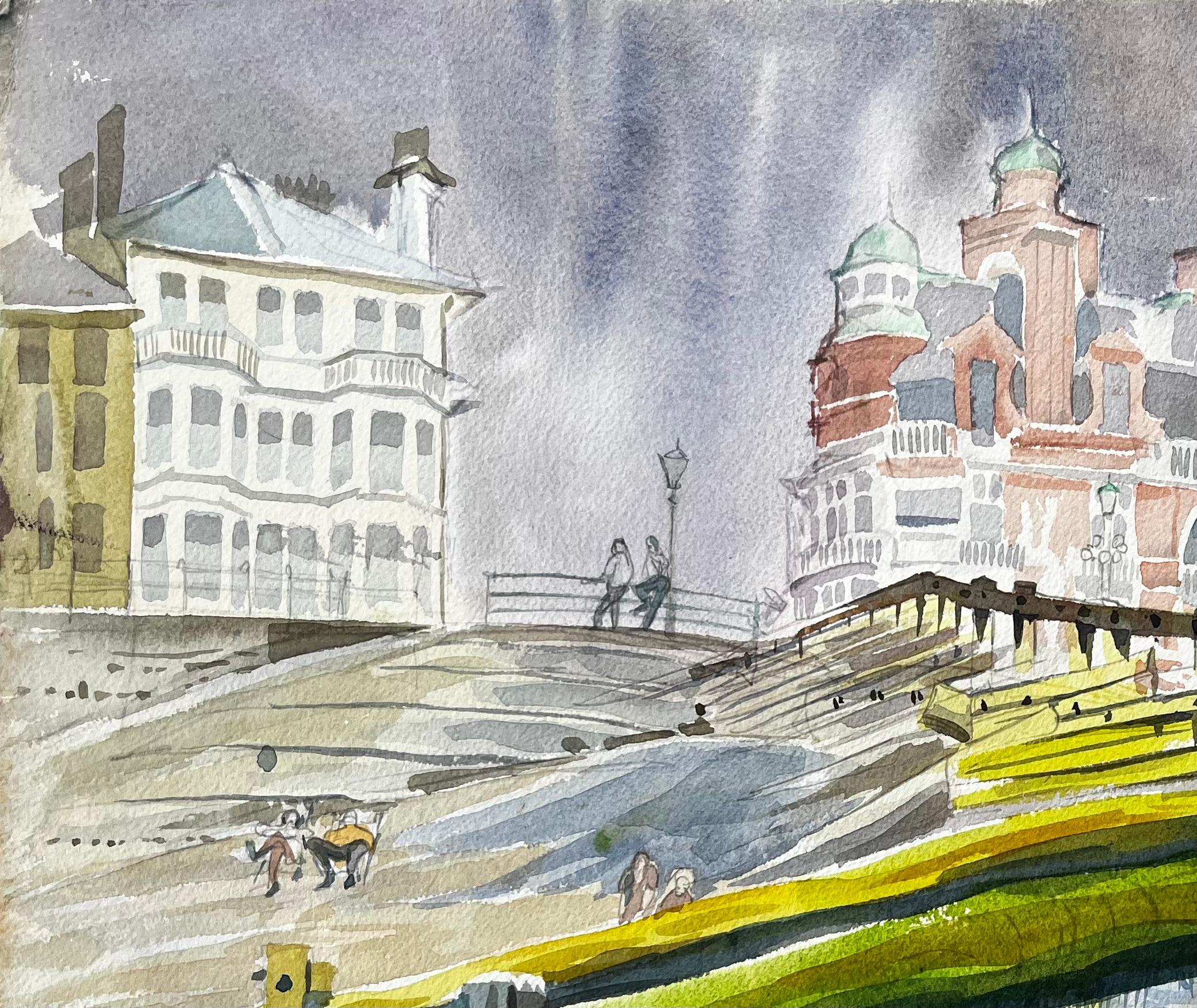 Title: Worthing Seafront View with Pier Groynes and Promenade Architecture 1973
by John Steane (b.1931)
Signed: Bottom right
Size: 15.75 inches (height) x 20 inches (width)
watercolor painting on paper, unframed
condition: Good, with minor edge