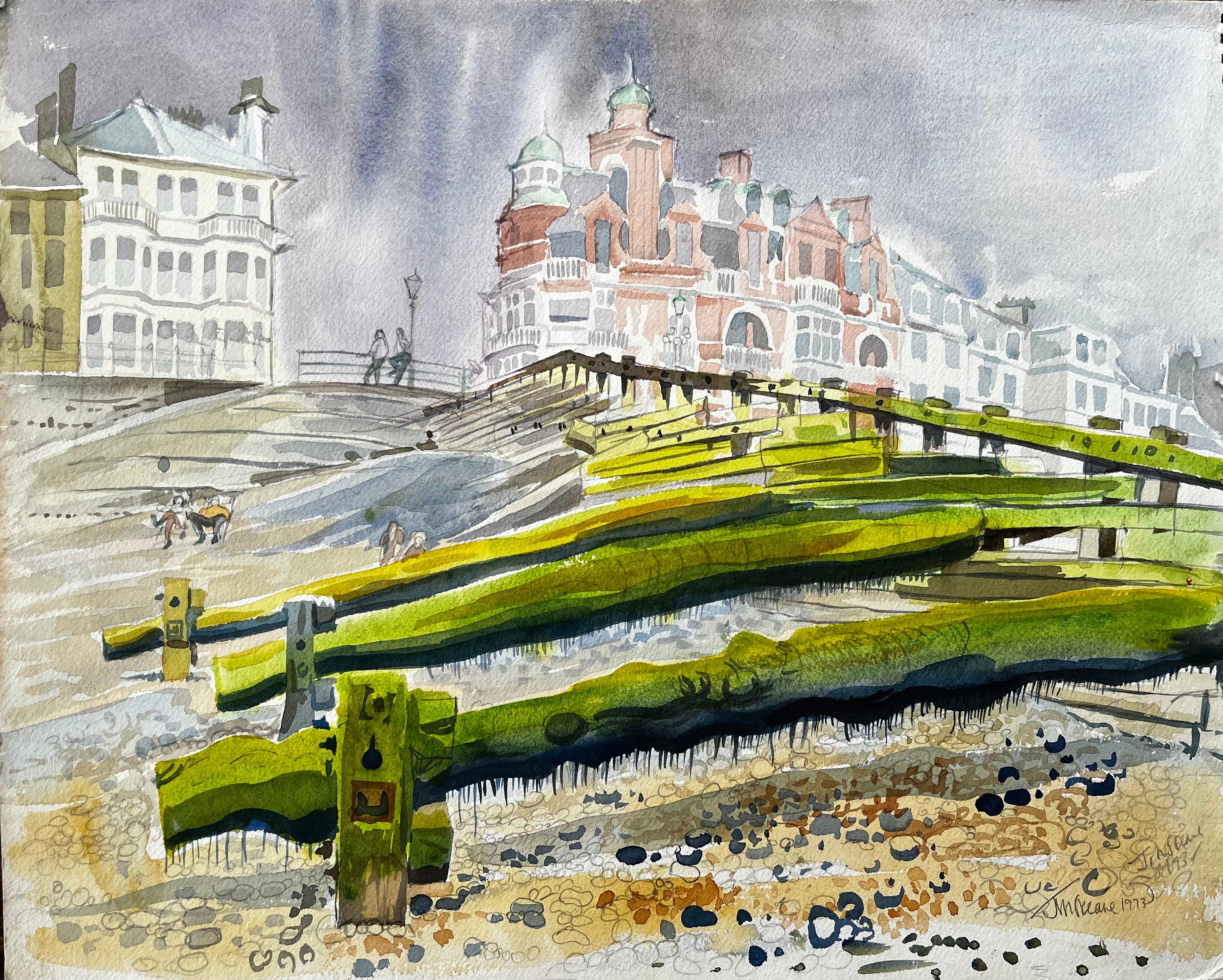 John Steane (b.1931) Landscape Painting - Worthing Seafront View with Pier Groynes and Promenade Architecture 1973