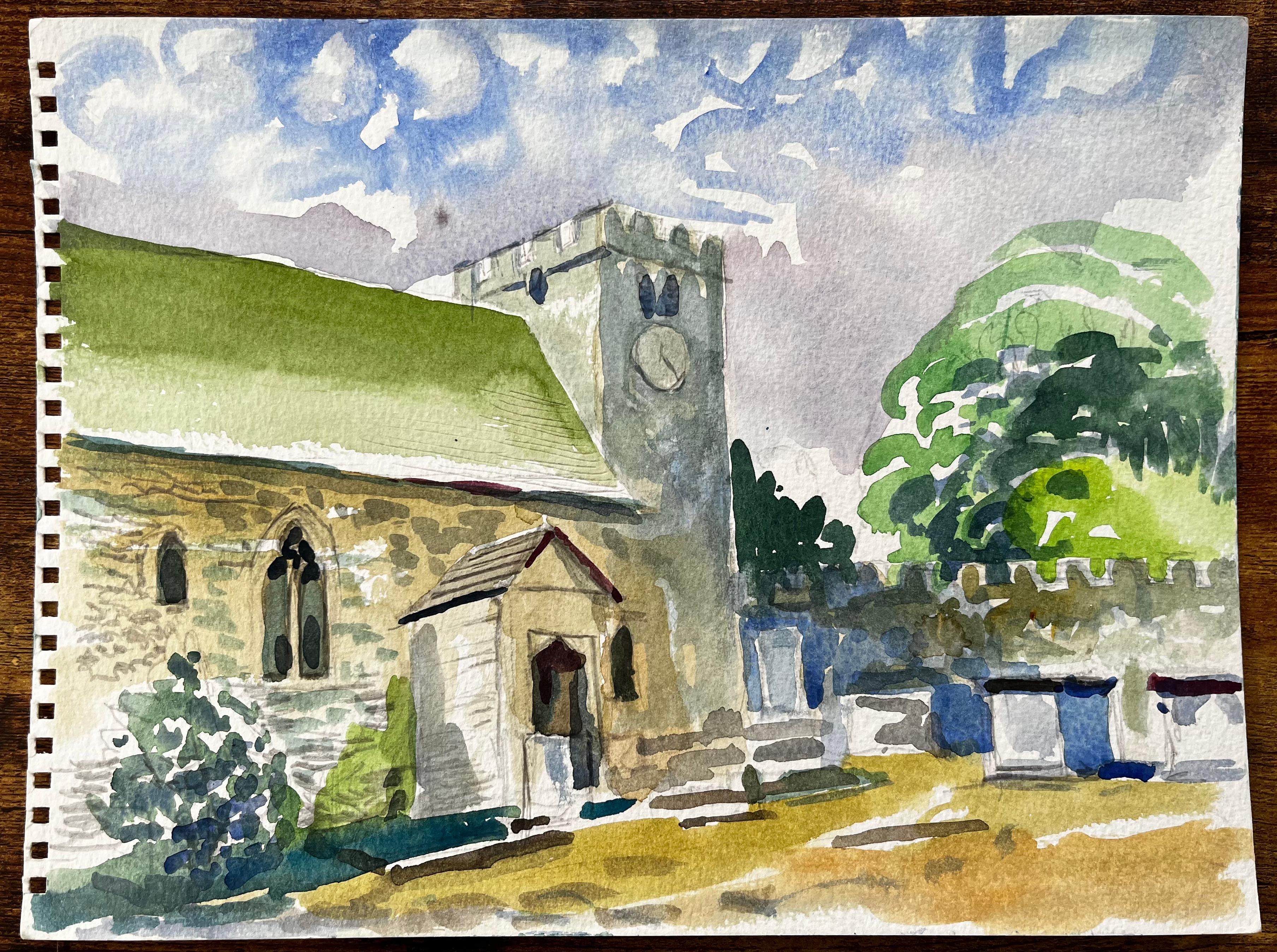 Wytham Church Oxfordshire Aquarellmalerei der historischen Dorfkirche – Art von John Steane (b.1931)