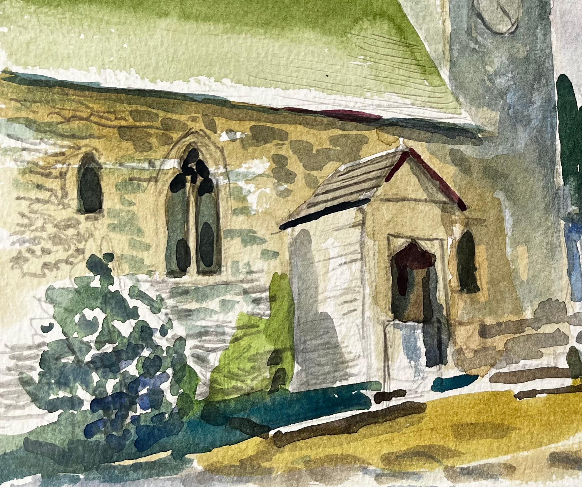 Wytham Church Oxfordshire Aquarellmalerei der historischen Dorfkirche (Beige), Landscape Art, von John Steane (b.1931)