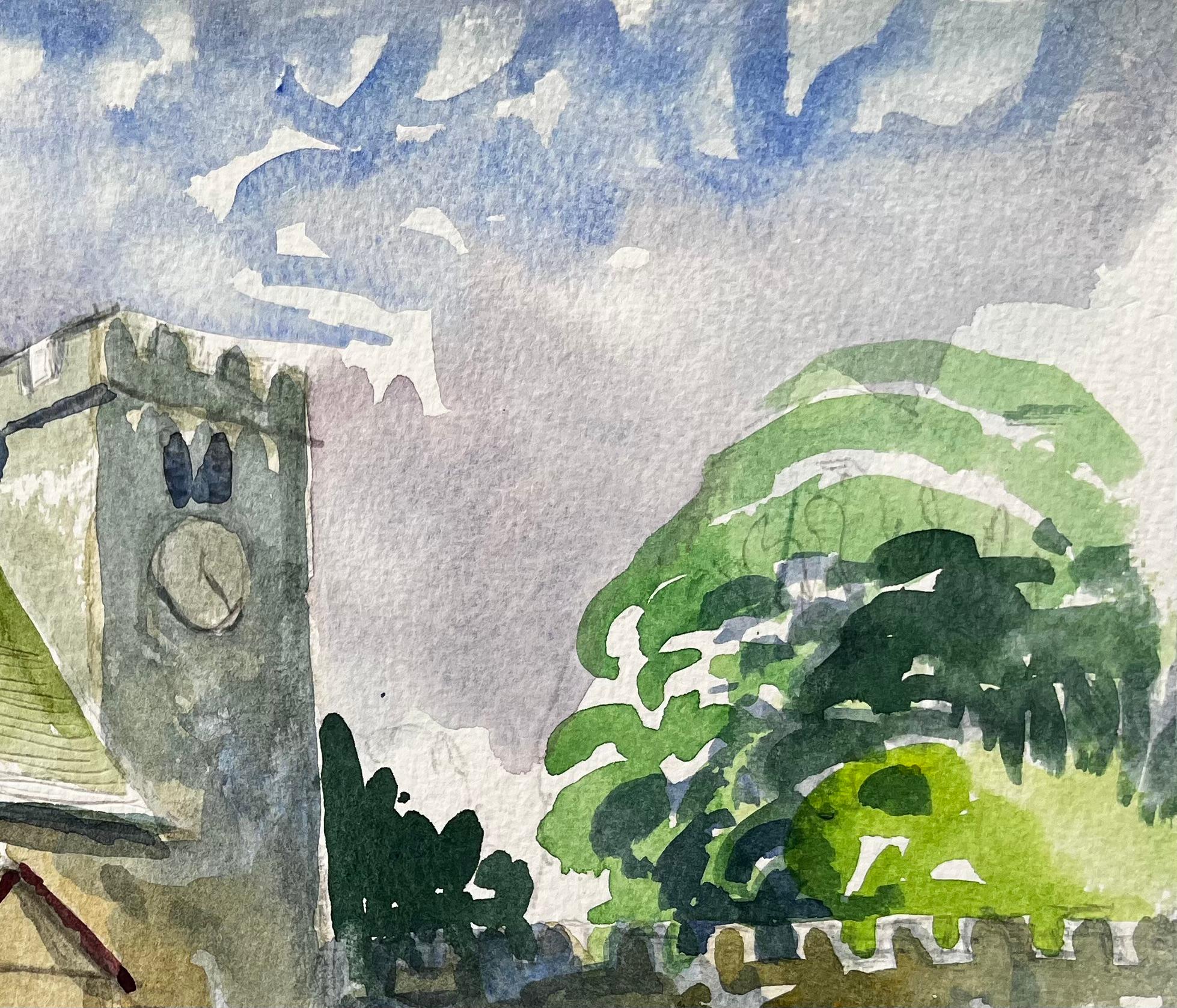 Wytham Church Oxfordshire Aquarellmalerei der historischen Dorfkirche im Angebot 1