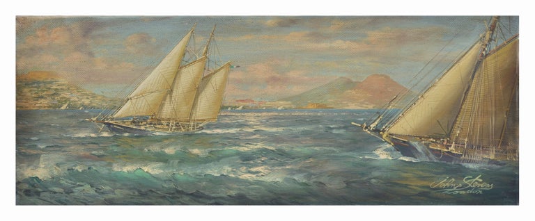RACE IN THE GULF-English School -  Italian Sealing boat Oil on Canvas Painting - Brown Landscape Painting by John Stevens