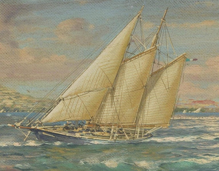 Race in the gulf - John Stevens Italia 2007 - Oil on canvas cm.30x80.
Gold leaf gilded wooden frame 
John Stevens, using subtle washes of oil paint, slowly builds his highly detailed paintings of naval battle scenes and rolling sails.
He drew