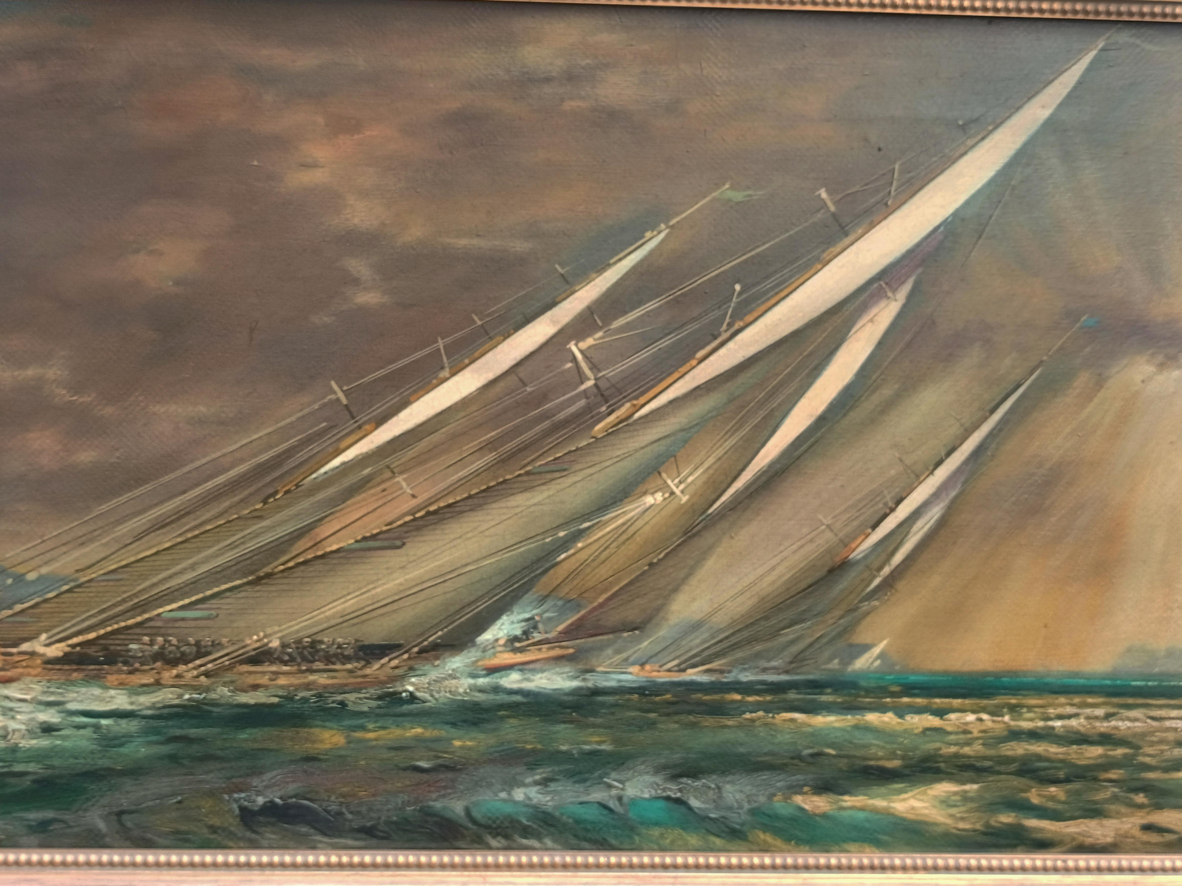 REGATTA DANS LE GOLFE - English School  Bateau de scellement italien Huile sur toile Peinture en vente 4