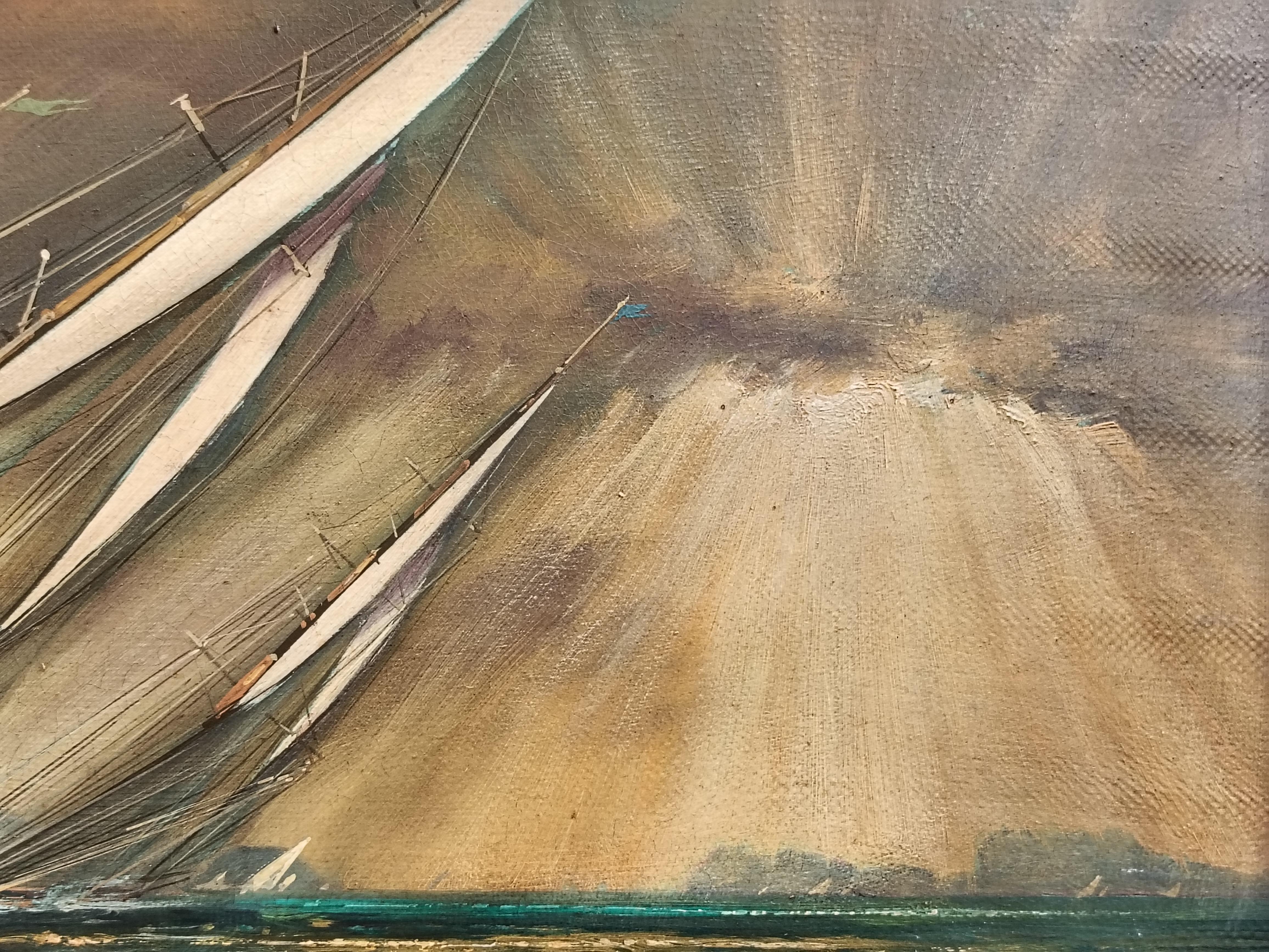 REGATTA DANS LE GOLFE - English School  Bateau de scellement italien Huile sur toile Peinture en vente 7