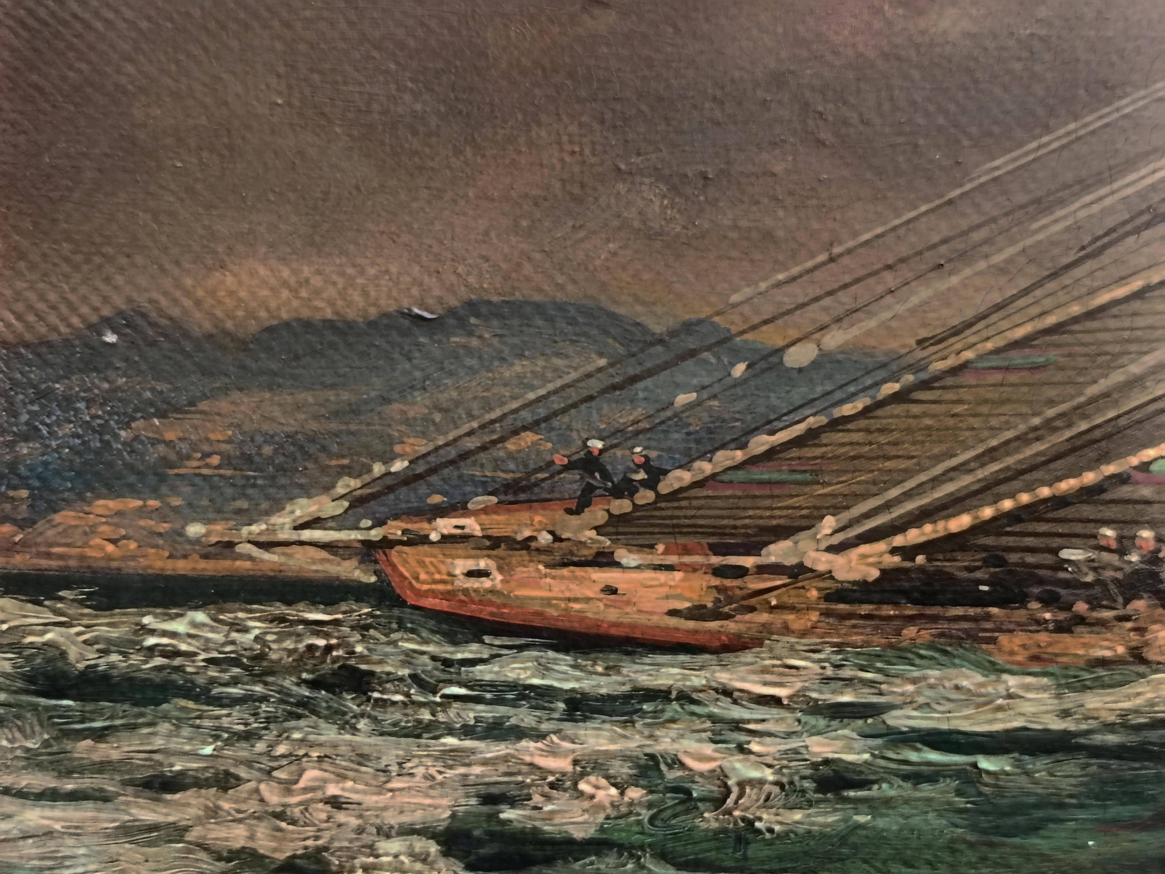 REGATTA DANS LE GOLFE - English School  Bateau de scellement italien Huile sur toile Peinture en vente 8