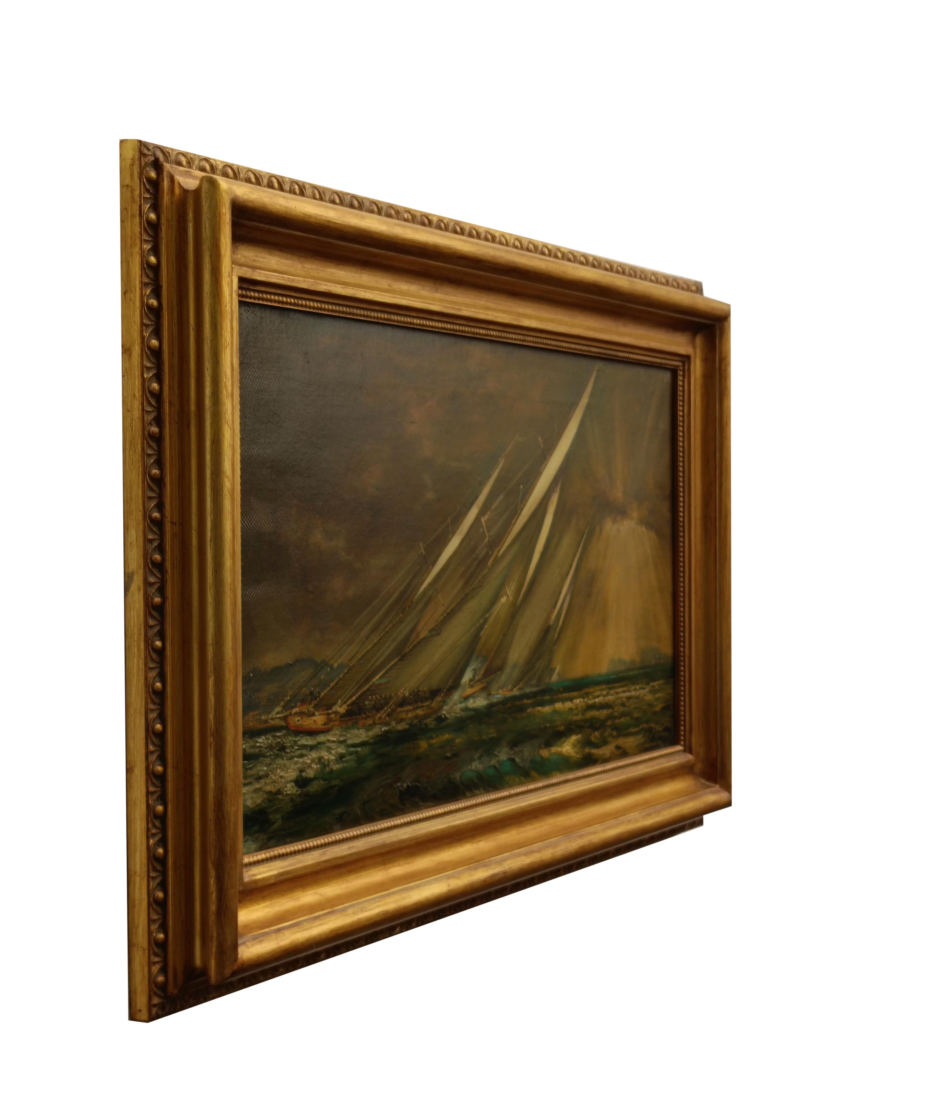 REGATTA DANS LE GOLFE - English School  Bateau de scellement italien Huile sur toile Peinture en vente 10