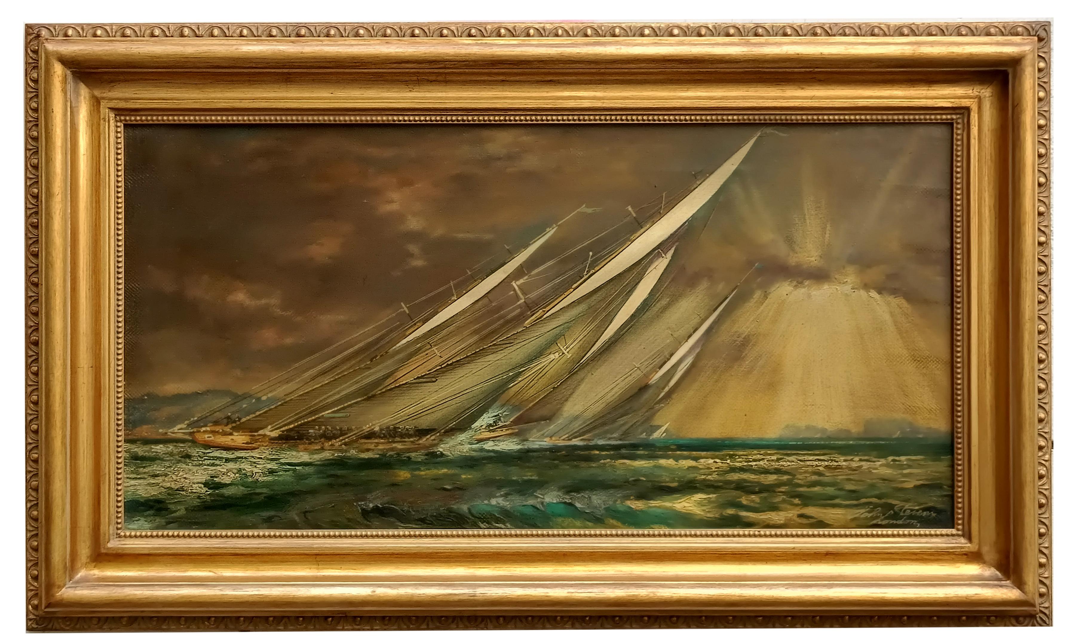 REGATTA IN THE GULF -English School  Italian Sealing boat Oil on canvas Painting