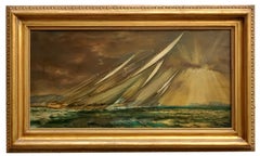 REGATTA NEL GOLFO -English School  Barca italiana a sigillo Pittura olio su tela