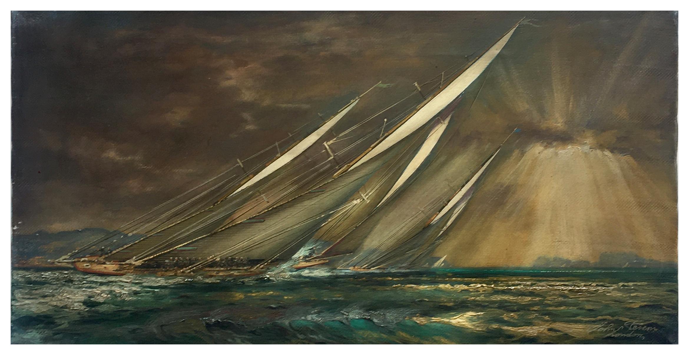 Regatta in the gulf - John Stevens Italia 2006 - Oil on canvas cm.40x80.
Gold leaf gilded wooden frame cm.55x95.