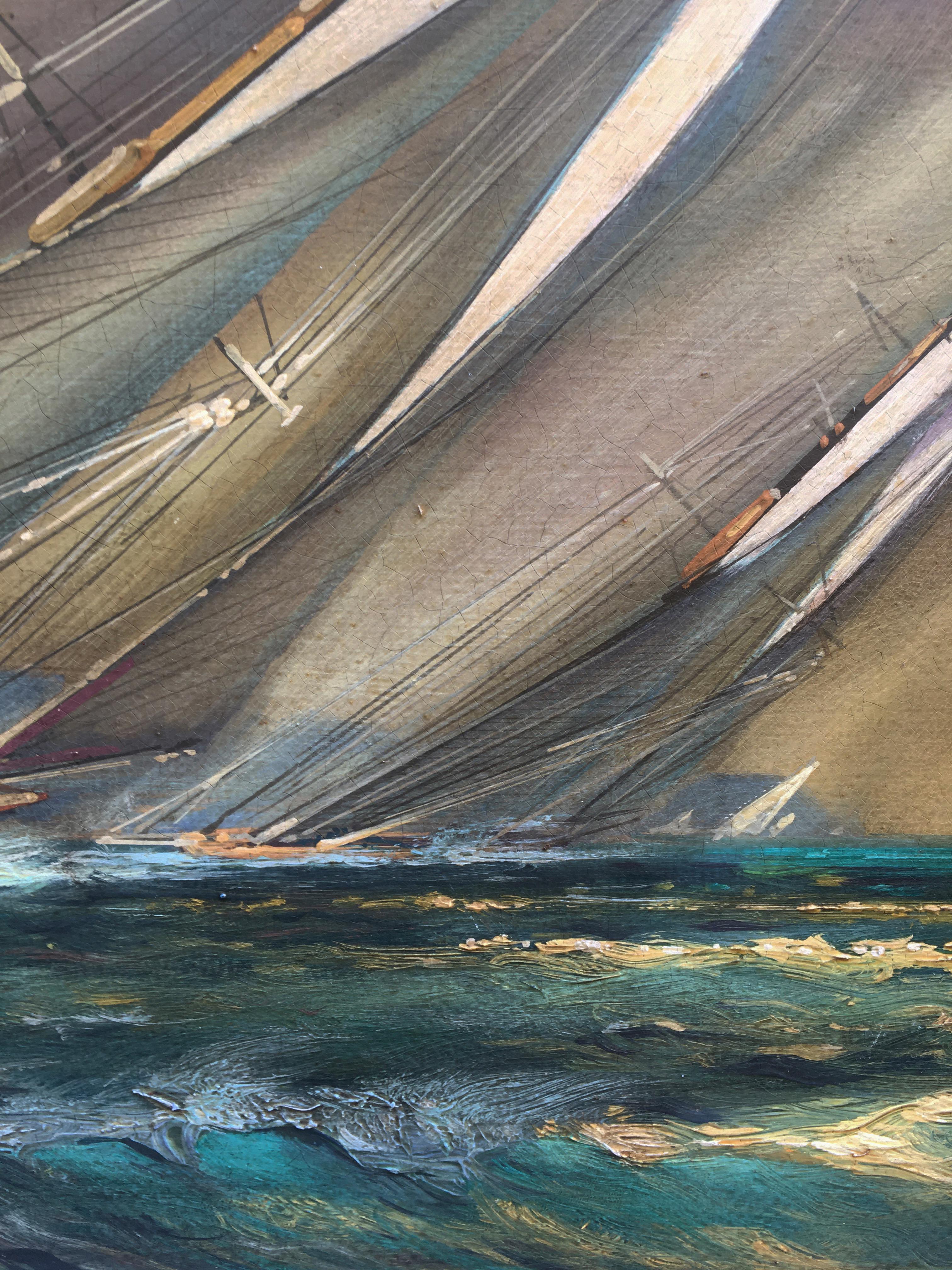 REGATTA IN THE GULF - John Stevens Italian sealing boat oil on canvas painting 1