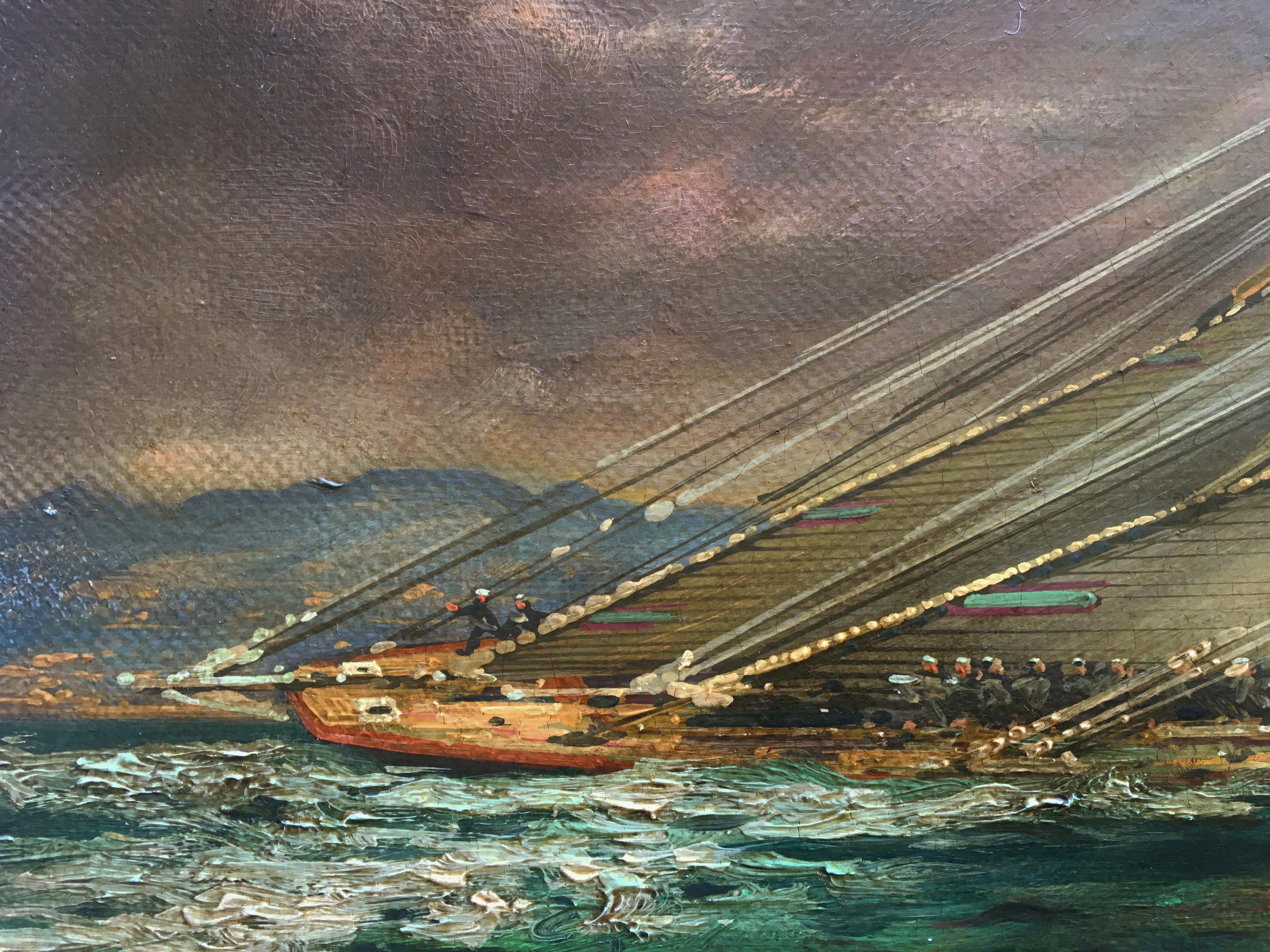 REGATTA IN THE GULF - John Stevens Italian sealing boat oil on canvas painting 2
