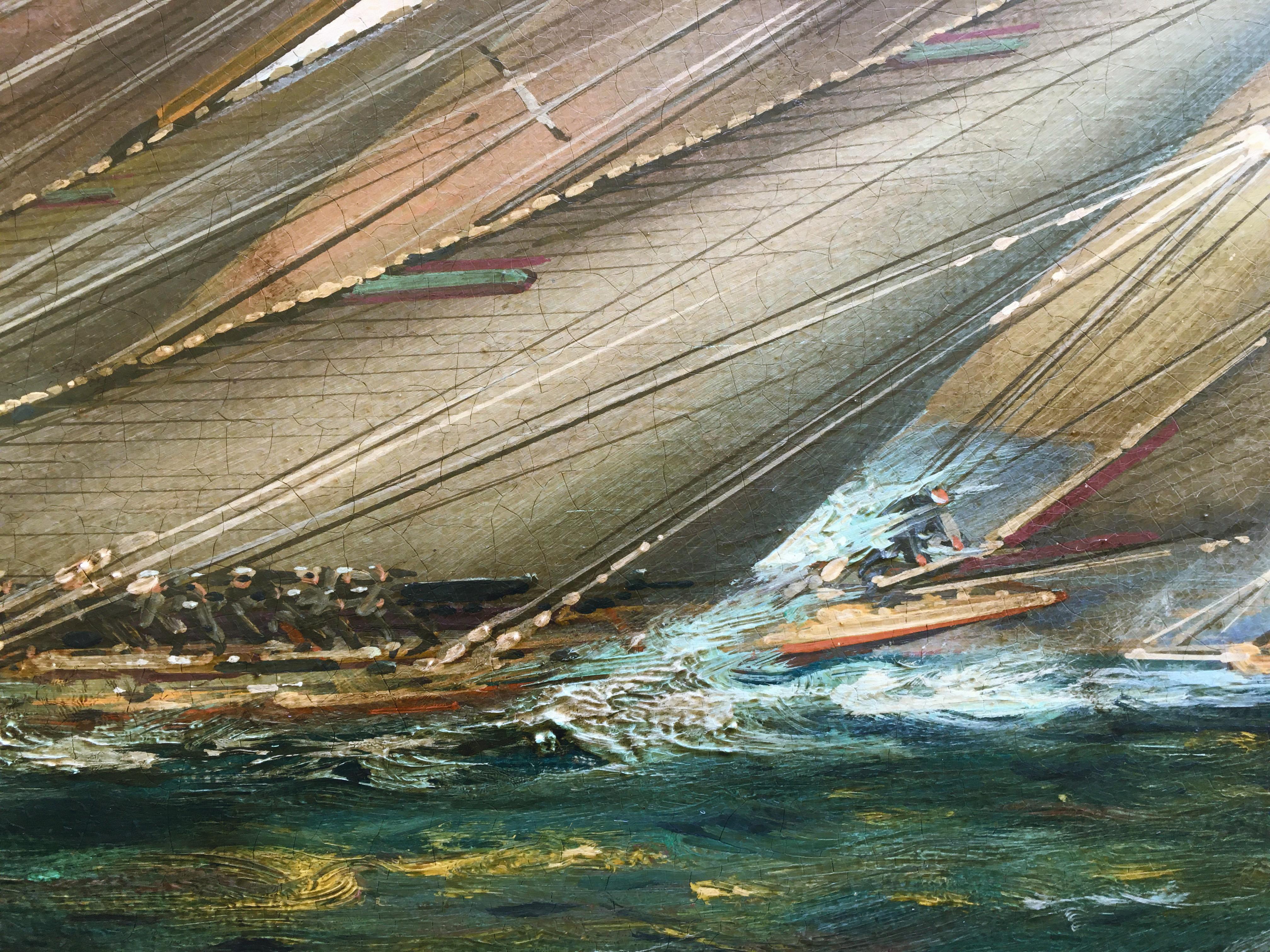REGATTA IN THE GULF -English School  Italian Sealing boat Oil on canvas Painting - Brown Landscape Painting by John Stevens
