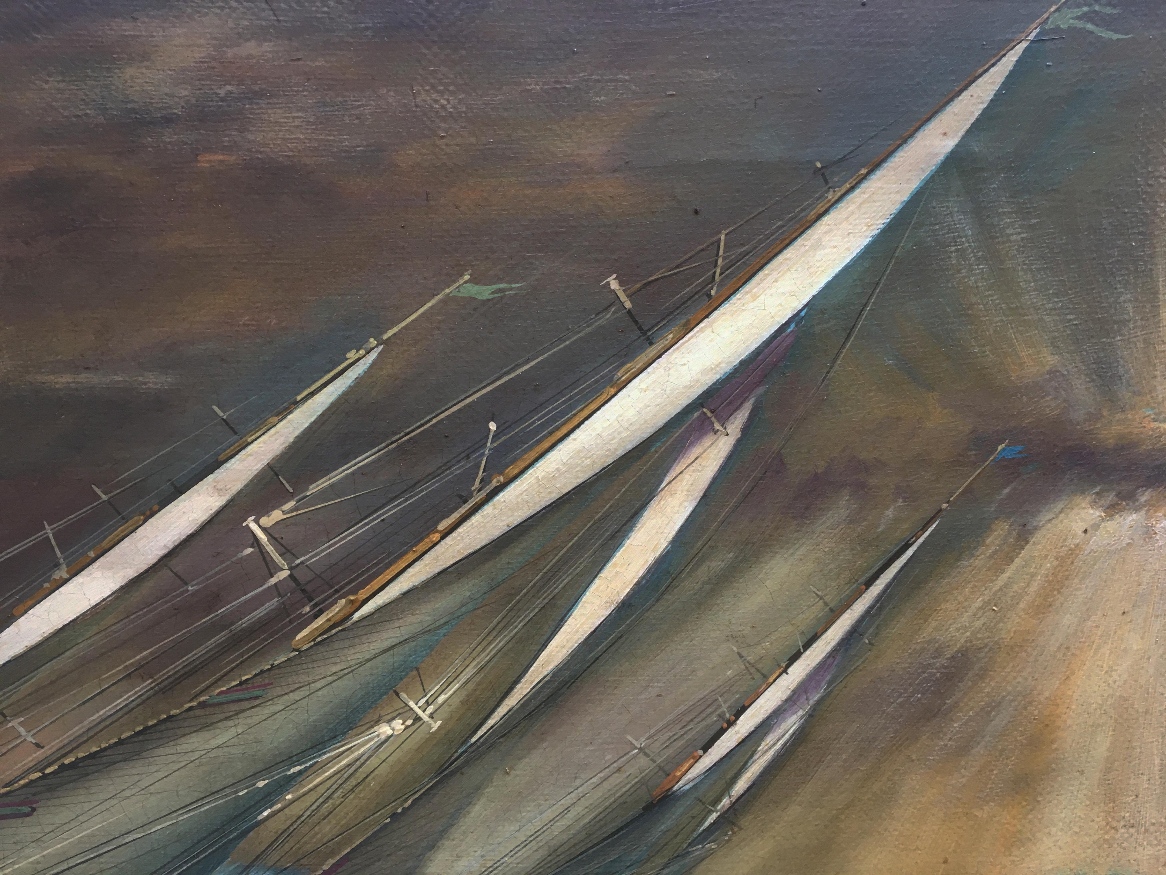 Regatta in the gulf - John Stevens Italia 2006 - Oil on canvas cm.40x80.
Using thin washes of oil paint, John Stevens slowly builds up his highly detailed paintings of scenes of naval battles and rolling sails.
He took inspiration for his paintings