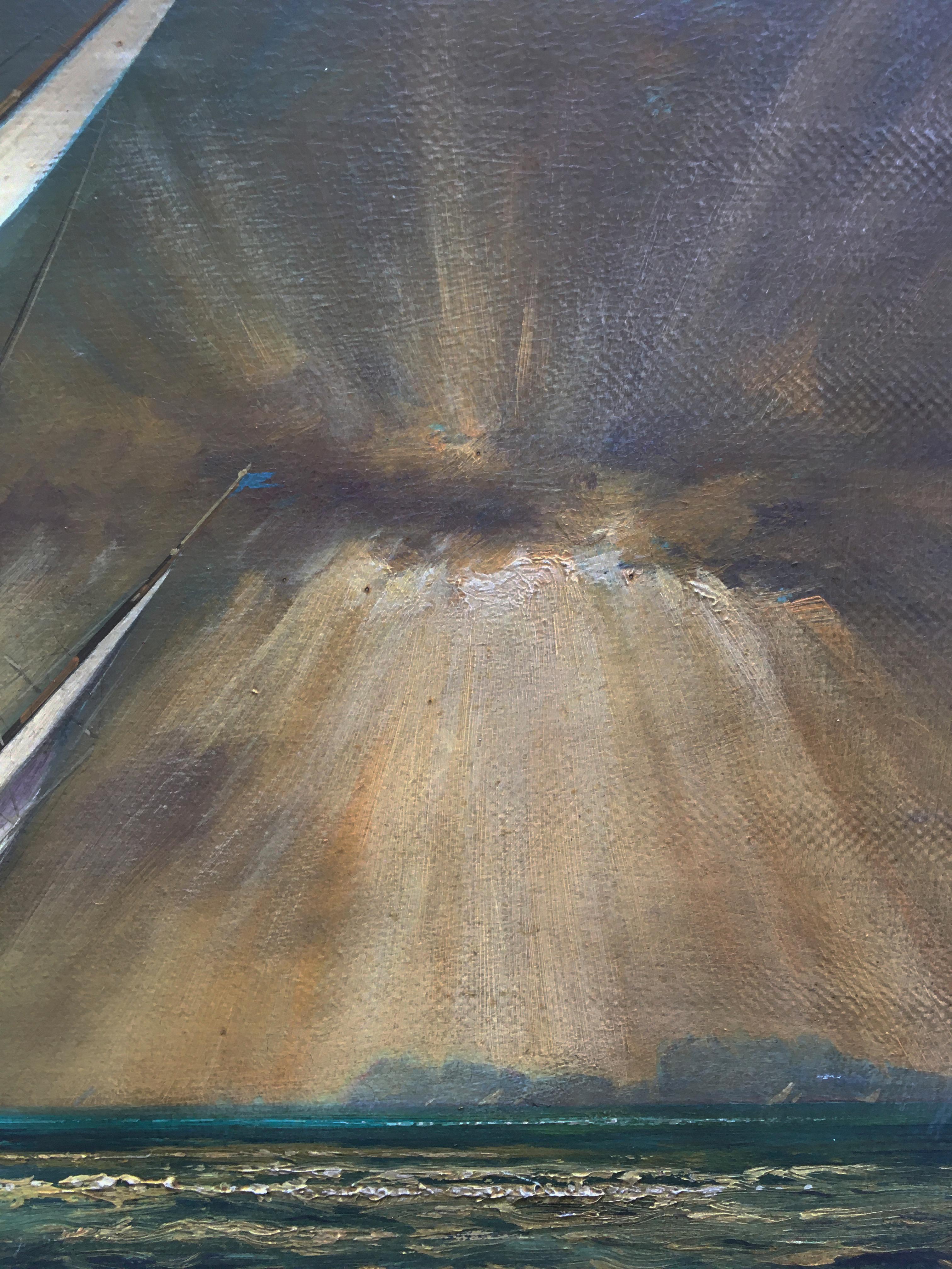 REGATTA IN THE GULF - John Stevens Italian sealing boat oil on canvas painting 5