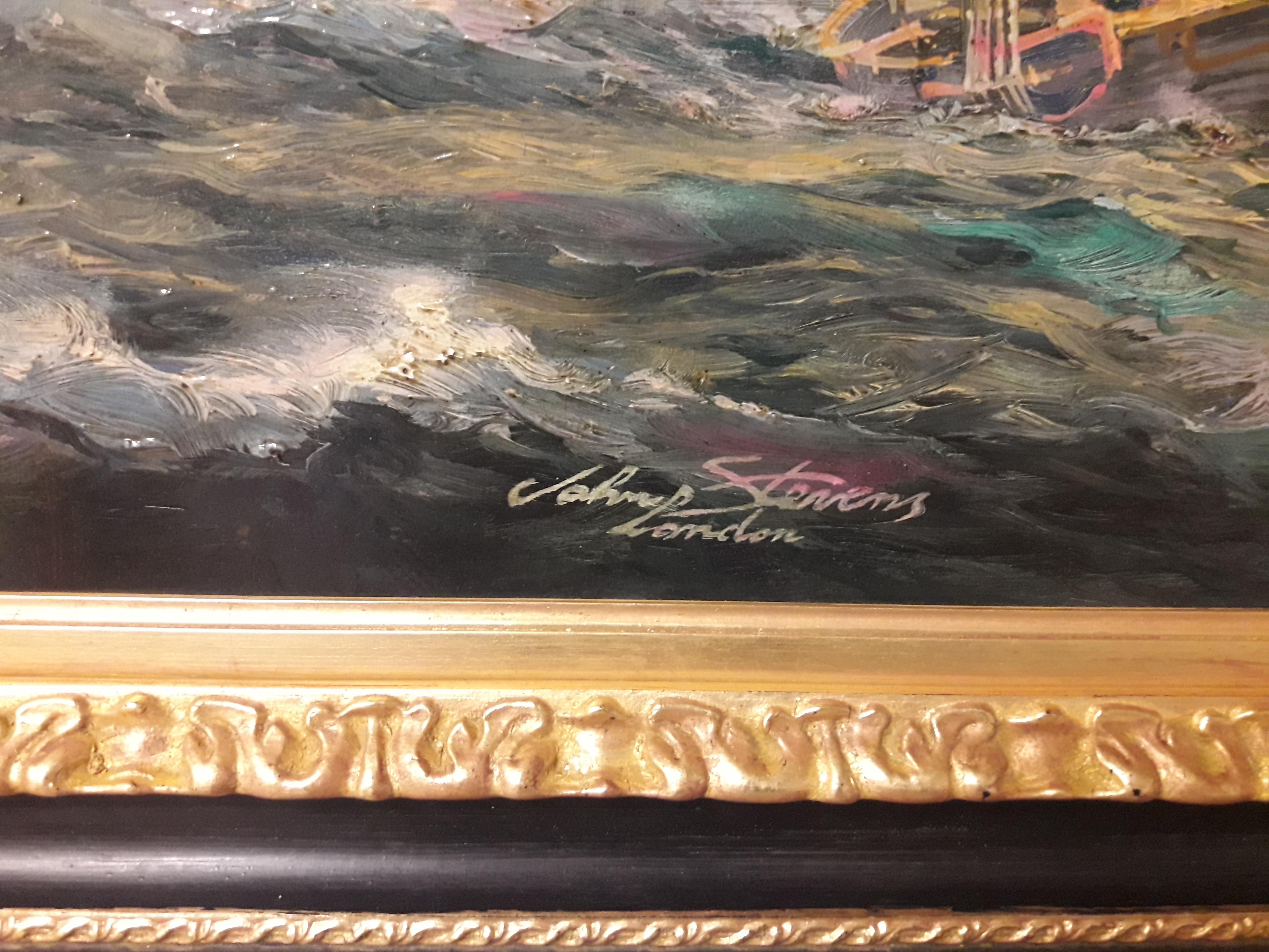 Vela - John Stevens Italia 2008 - Olio su tela cm. 60x120.
Cornice in legno dorata a foglia d'oro e laccata in ebano cm. 82 x 142
John Stevens, utilizzando sottili lavaggi di pittura a olio, costruisce lentamente i suoi dipinti altamente dettagliati