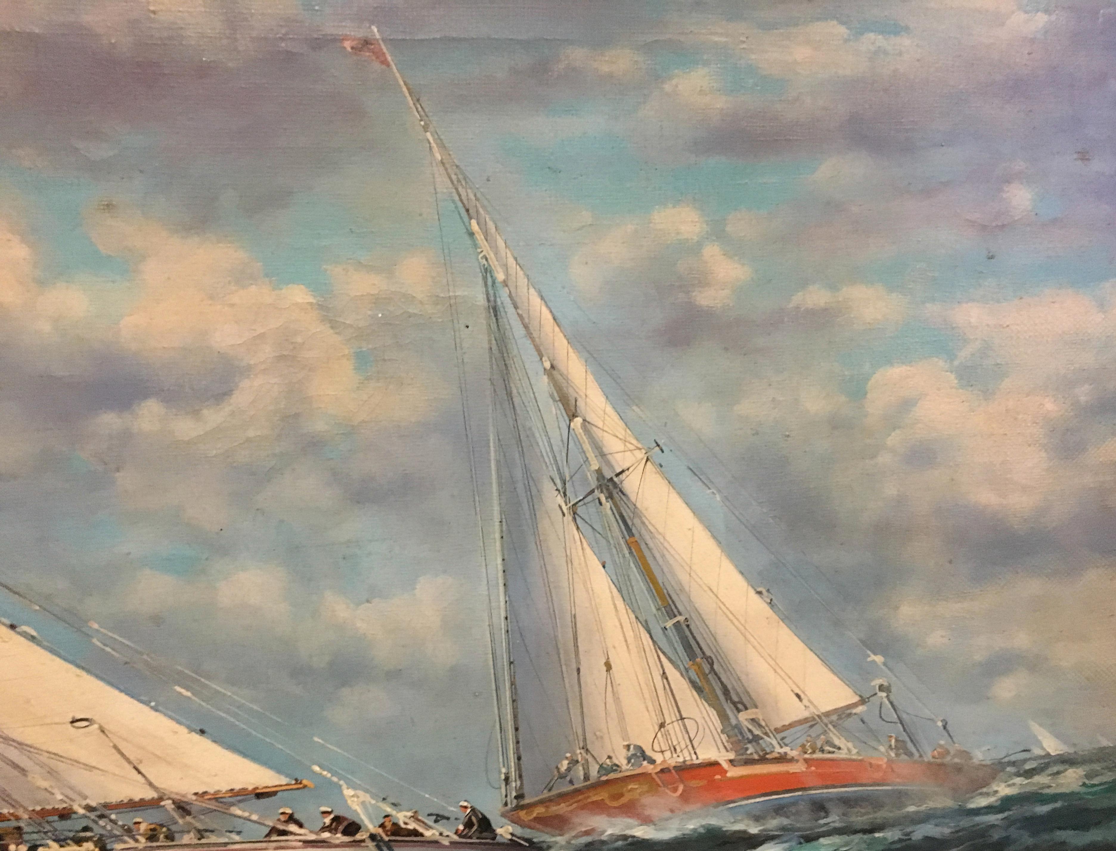 Sailing - John Stevens Italia 2006 - Oil on canvas cm. 60x120.
John Stevens, using subtle washes of oil paint, slowly builds his highly detailed paintings of sea battle scenes and rolling sails. 
He took inspiration for his paintings from Master Tim