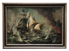 SEA BATTLE - English School - Italian Sailing Boat Oil on Canvas Painting