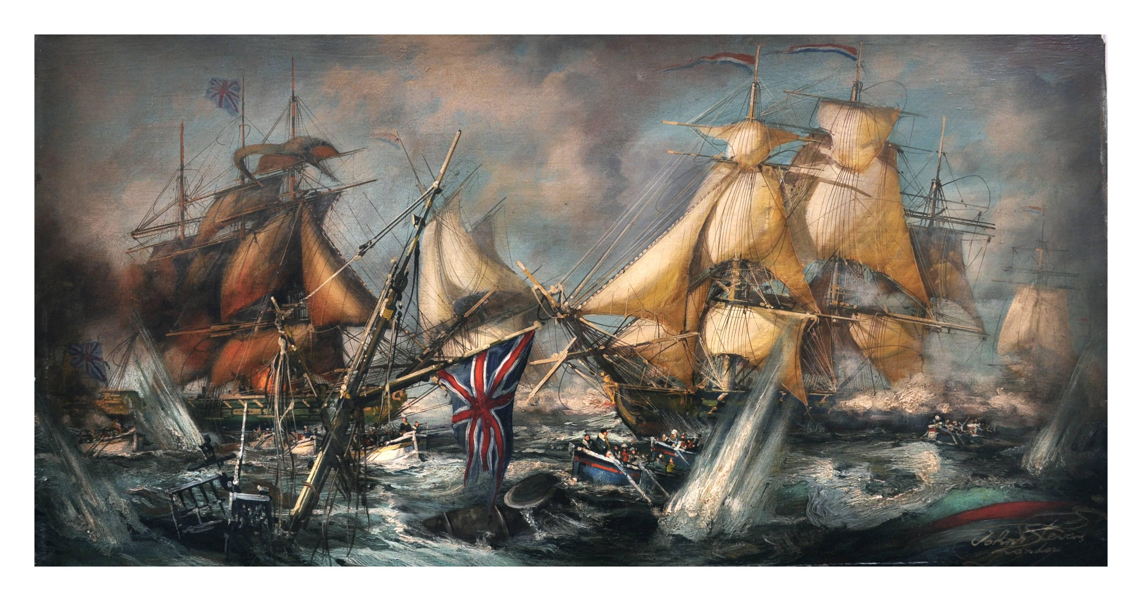 SEA BATTLE - English School -  Bateau de scellement italien Huile sur toile - École anglaise Painting par John Stevens