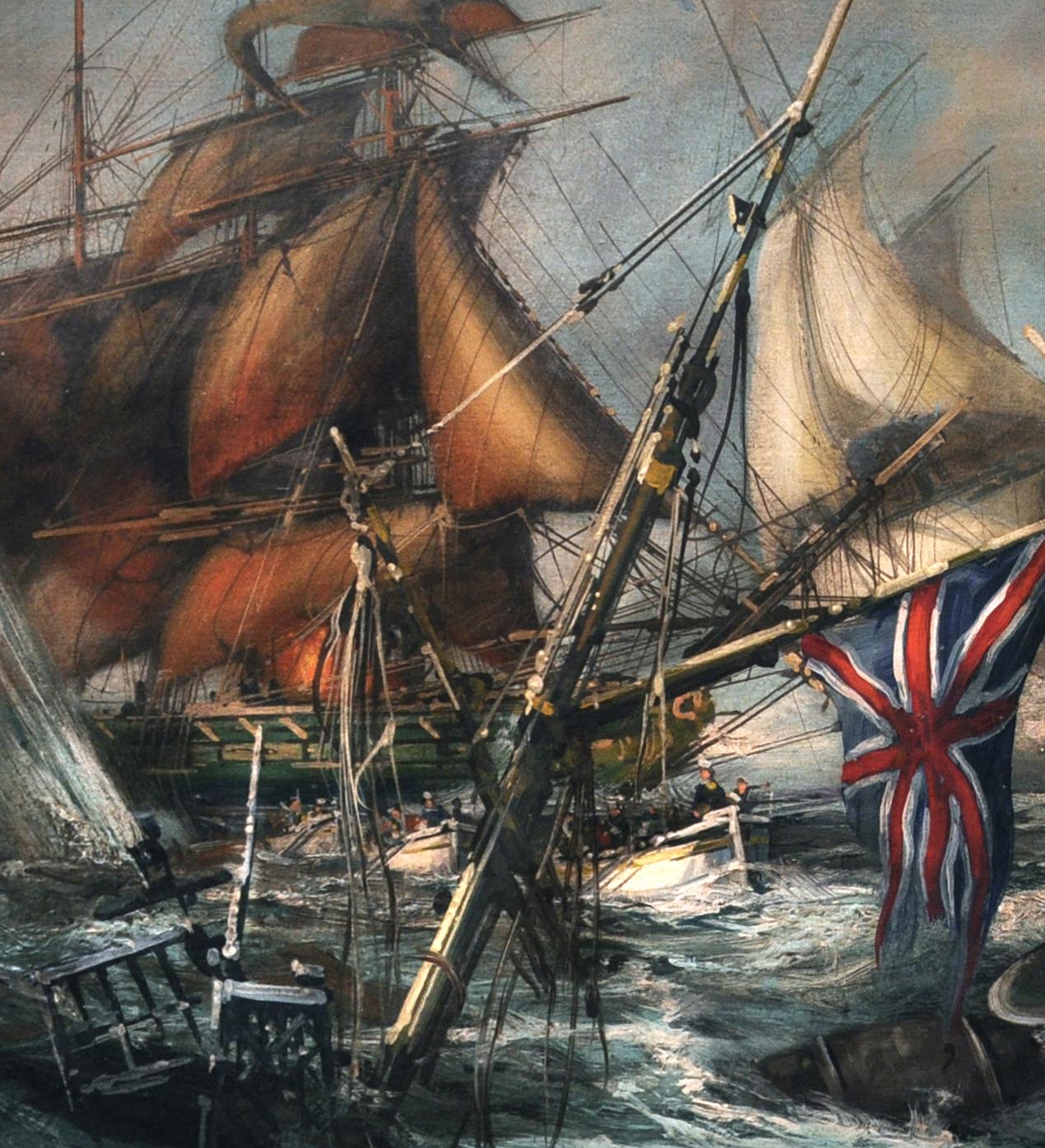SEA BATTLE - English School -  Italian Sealing Boat Oil on Canvas Painting - Gray Landscape Painting by John Stevens