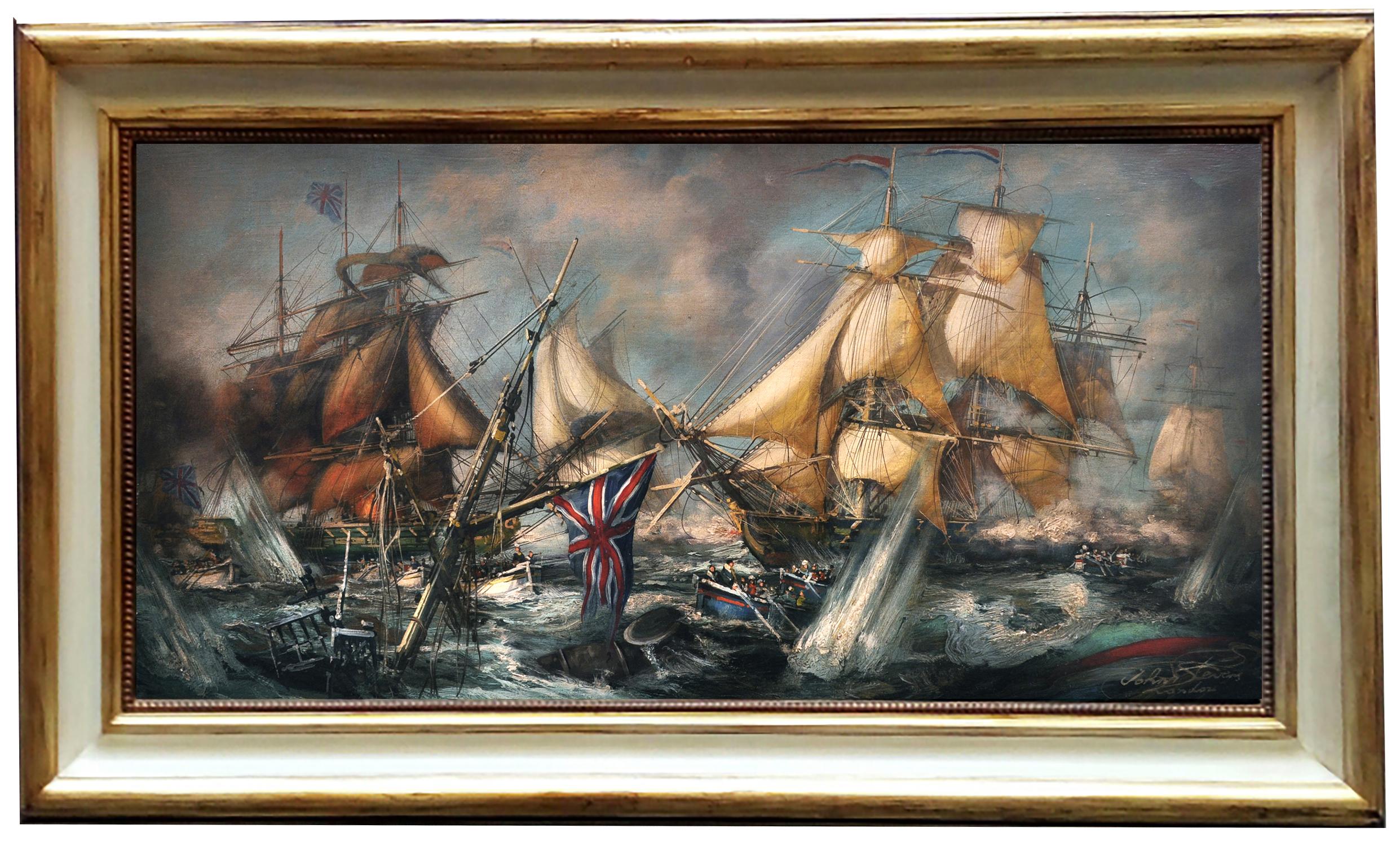 SEA BATTLE - English School -  Italian Sealing Boat Oil on Canvas Painting