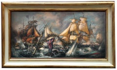 SEA BATTLE - English School -  Italian Sealing Boat Oil on Canvas Painting