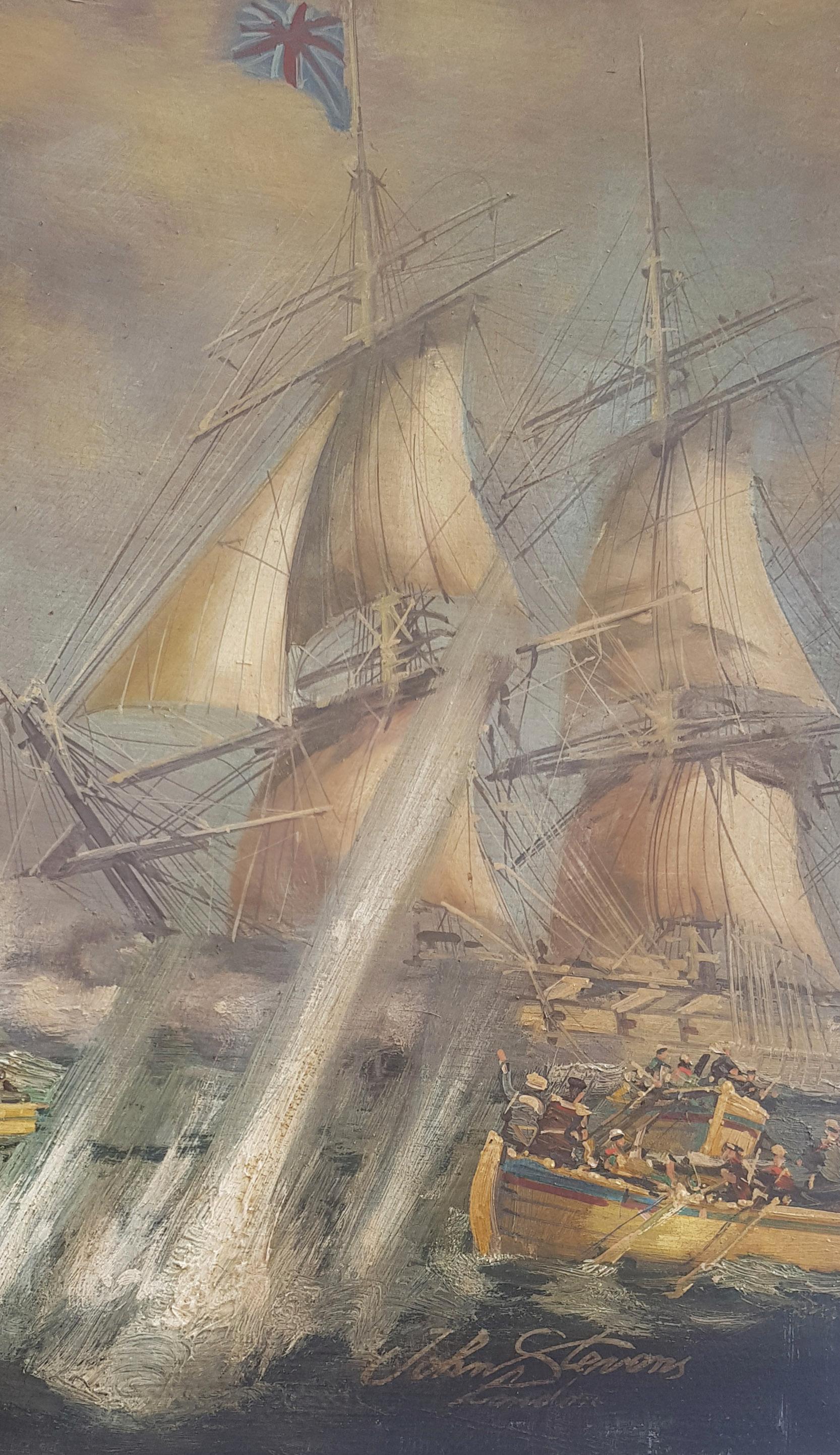 SEA BATTLE - In the Manner of D.G.M. GaItalian- Sailing Boat Oil on Canvas Paint For Sale 1