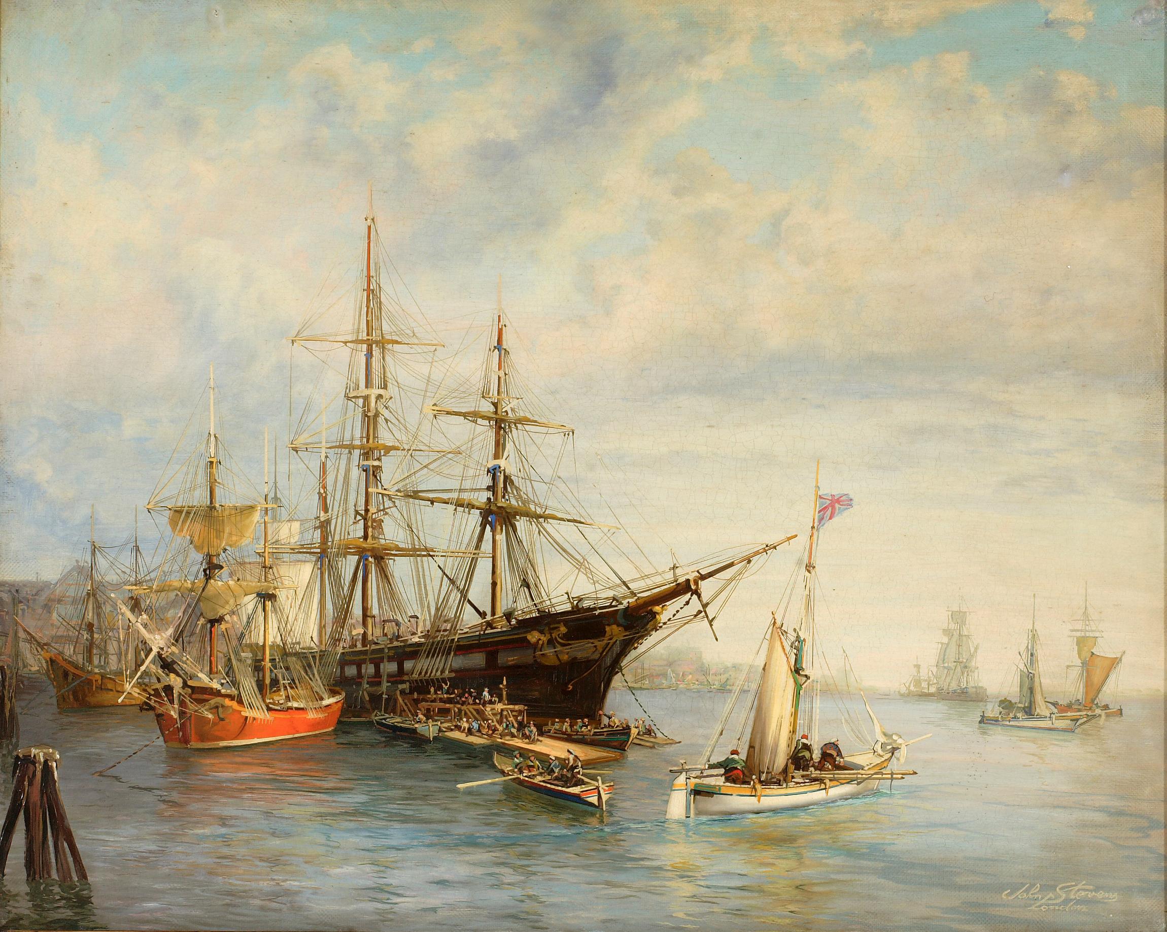 SEAPORT - Italian sailing boat oil on canvas painting by John Stevens 1