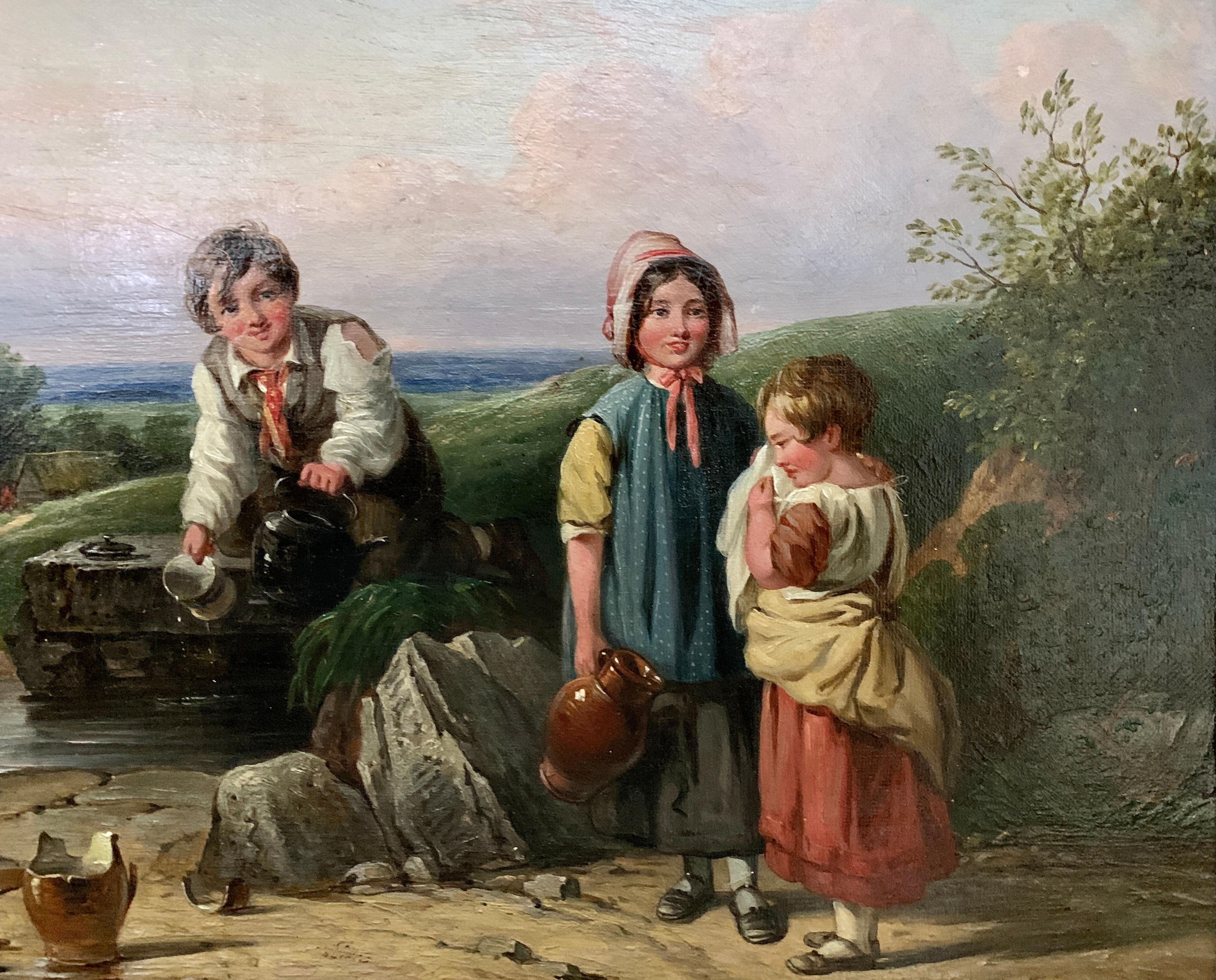 !9th century oil of Children in a landscape by a stream with a cottage in The UK - Painting by John Stewart