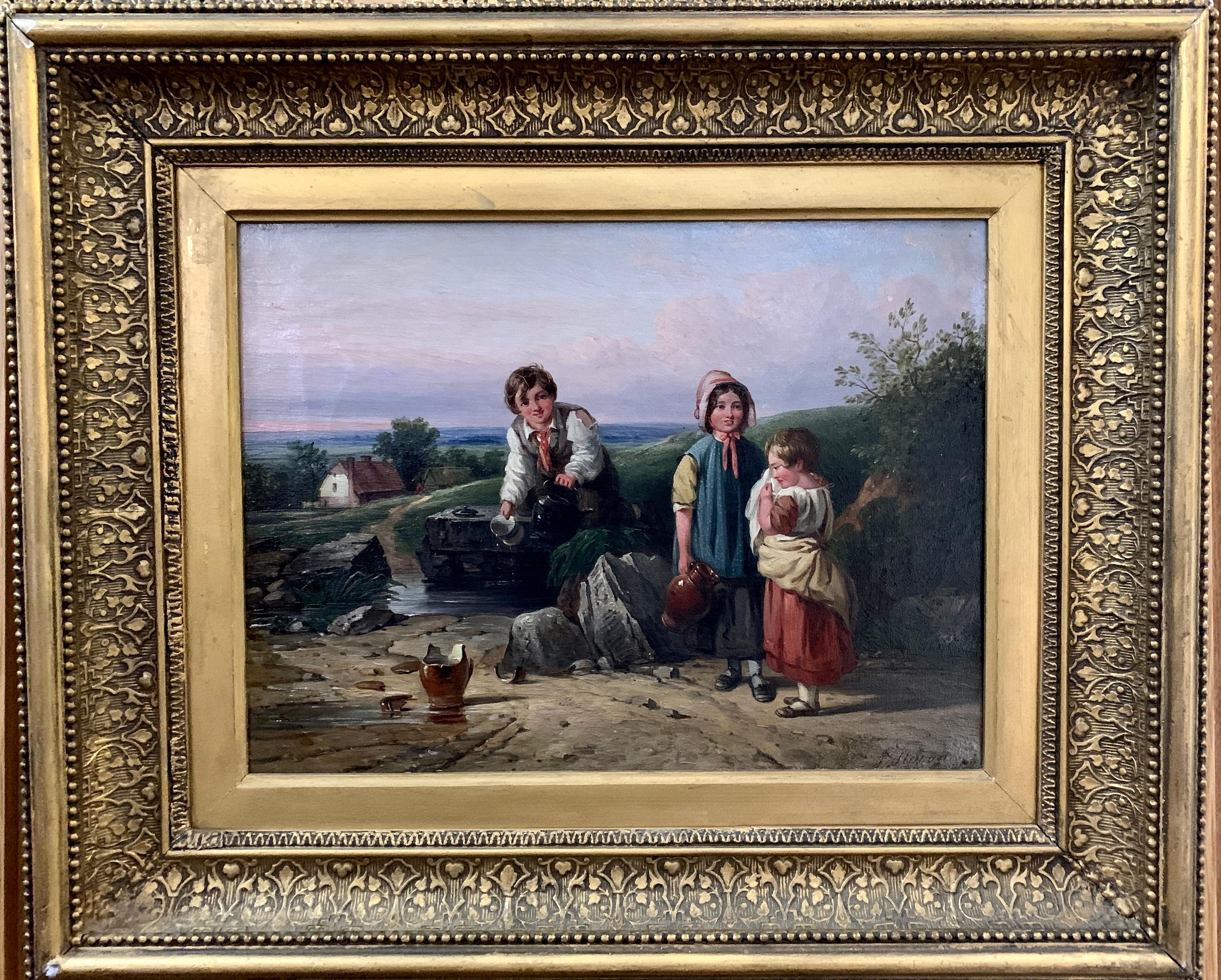 !9th century oil of Children in a landscape by a stream with a cottage in The UK