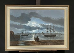 Large Maritime Oil Painting Classic Sailing Ships Moored at Moonlight Harbour