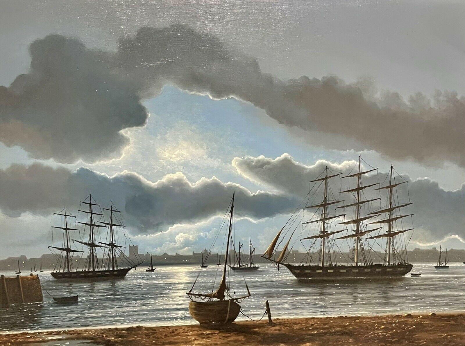 Large Maritime Oil Painting Classic Sailing Ships Moored at Moonlight Harbour - Gray Landscape Painting by John Stewart