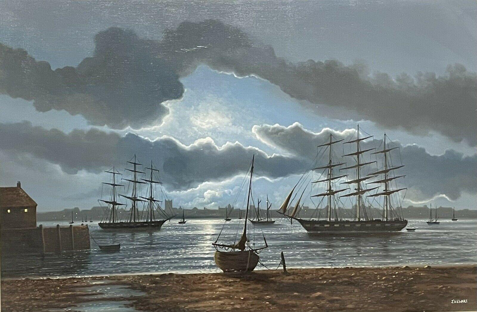 John Stewart Landscape Painting - Large Maritime Oil Painting Classic Sailing Ships Moored at Moonlight Harbour