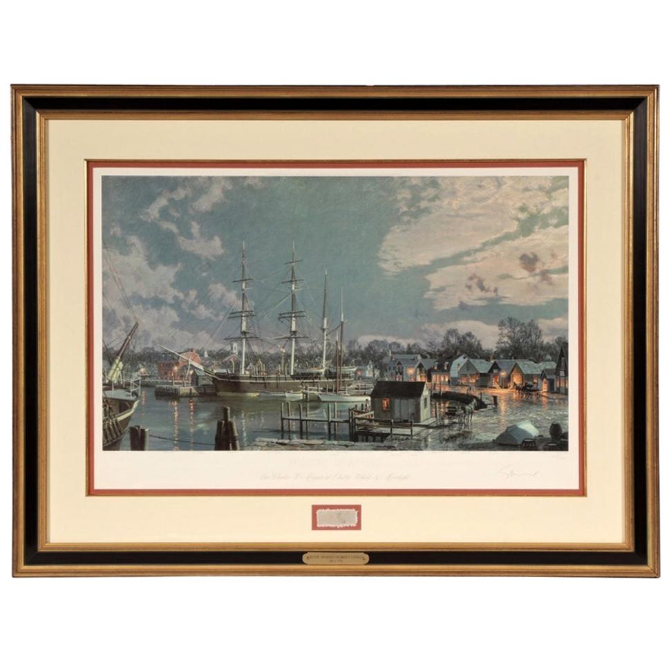 J. Litografía Stobart "Mystic Seaport. "El Charles L. Morgan" en Chubb's Wharf