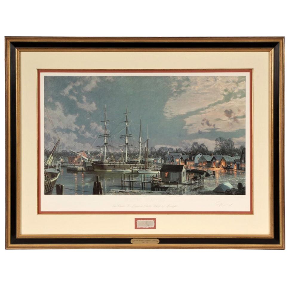 Lithographie de J. Stobart « Mystic Seaport » (le port mystique). « The Charles L. Morgan » au Chubb's Wharf