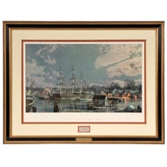 Vintage J. Stobart Lithograph "Mystic Seaport. "The Charles L. Morgan" at Chubb's Wharf