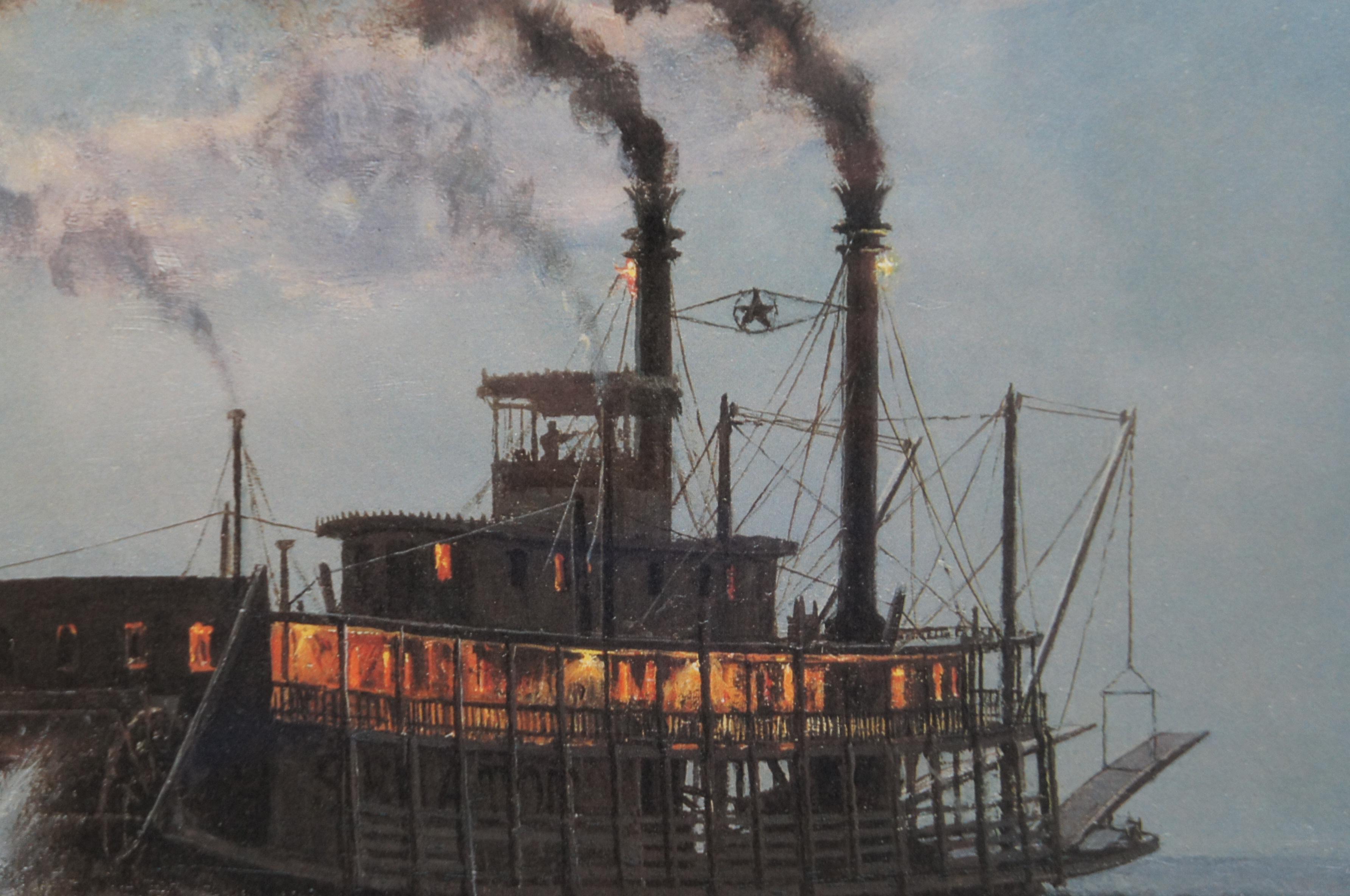 Late 20th Century John Stobart Night Run to Friar’s Point Signed Lithograph River Boat Landscape