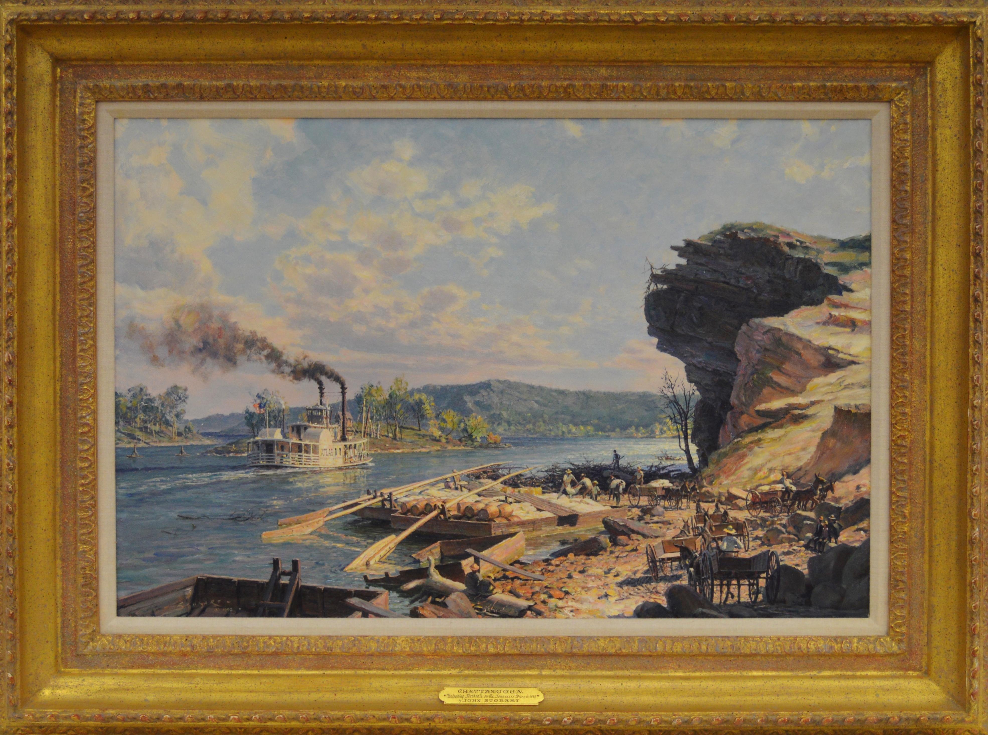 John Stobart Landscape Painting - Chattanooga, Unloading Flatboats on the Tennessee River in 1848