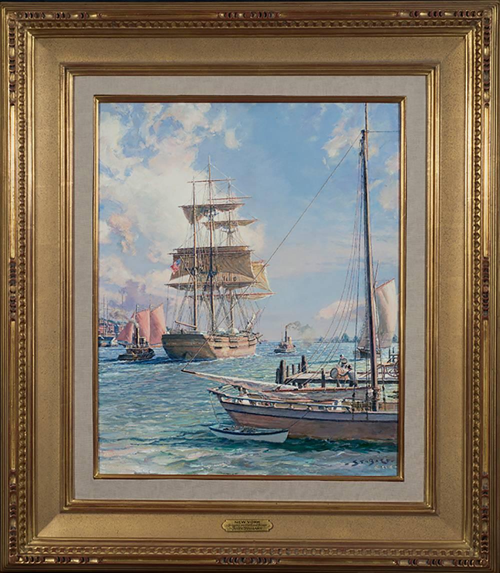 JOHN STOBART - New York, Shipping on the East River - Painting by John Stobart