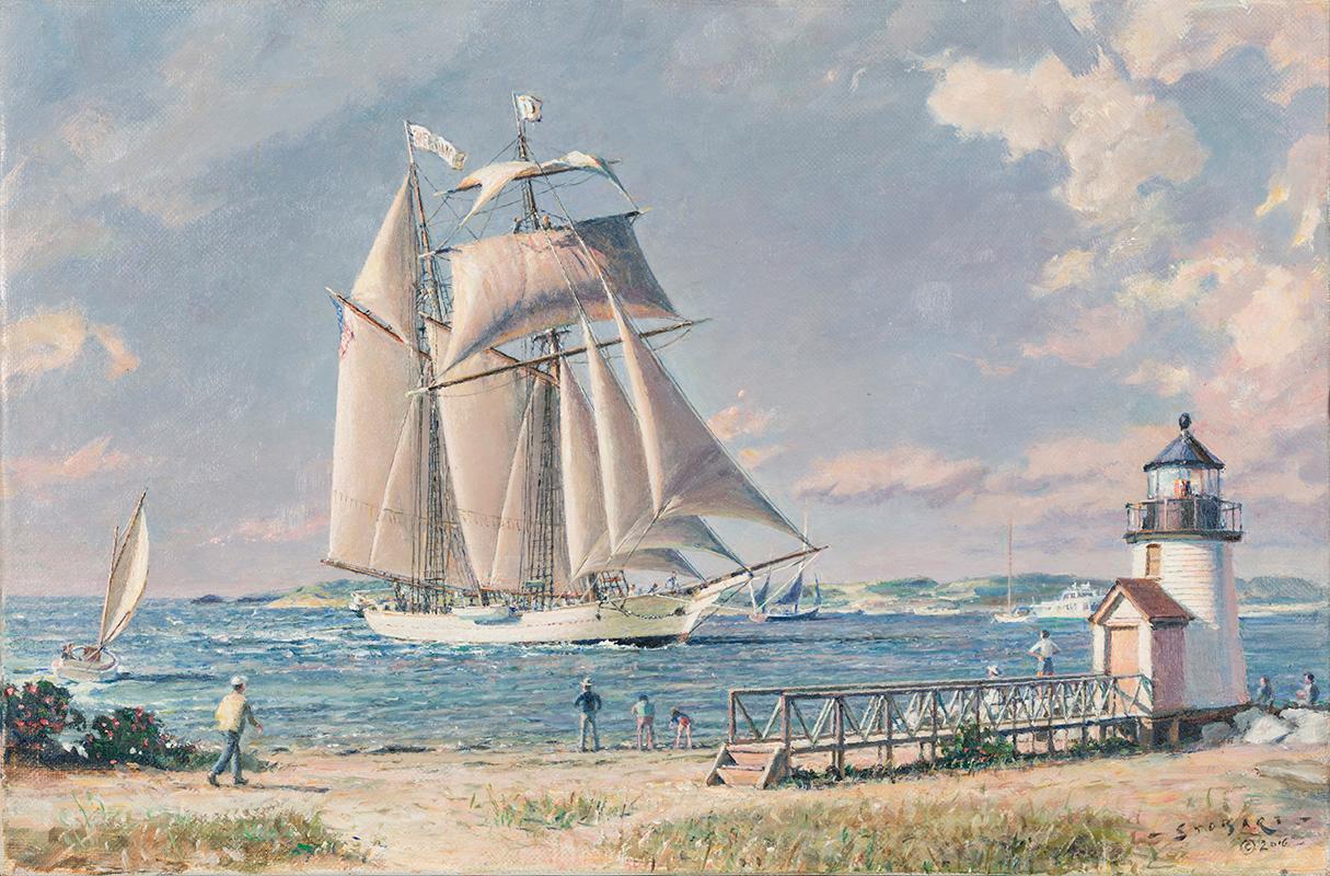 John Stobart Landscape Painting - Nantucket Arrival -"Shenandoah" Off Brant Point